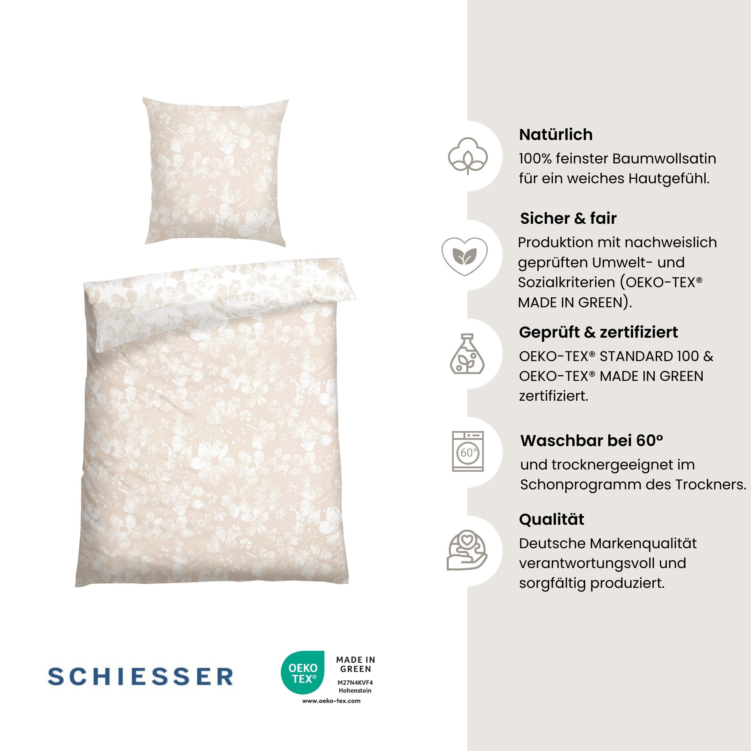 Schiesser Bettwäsche Mona aus elegantem Baumwollsatin mit floralem Design, Satin, 2 teilig, MADE IN GREEN by OEKO-TEX®