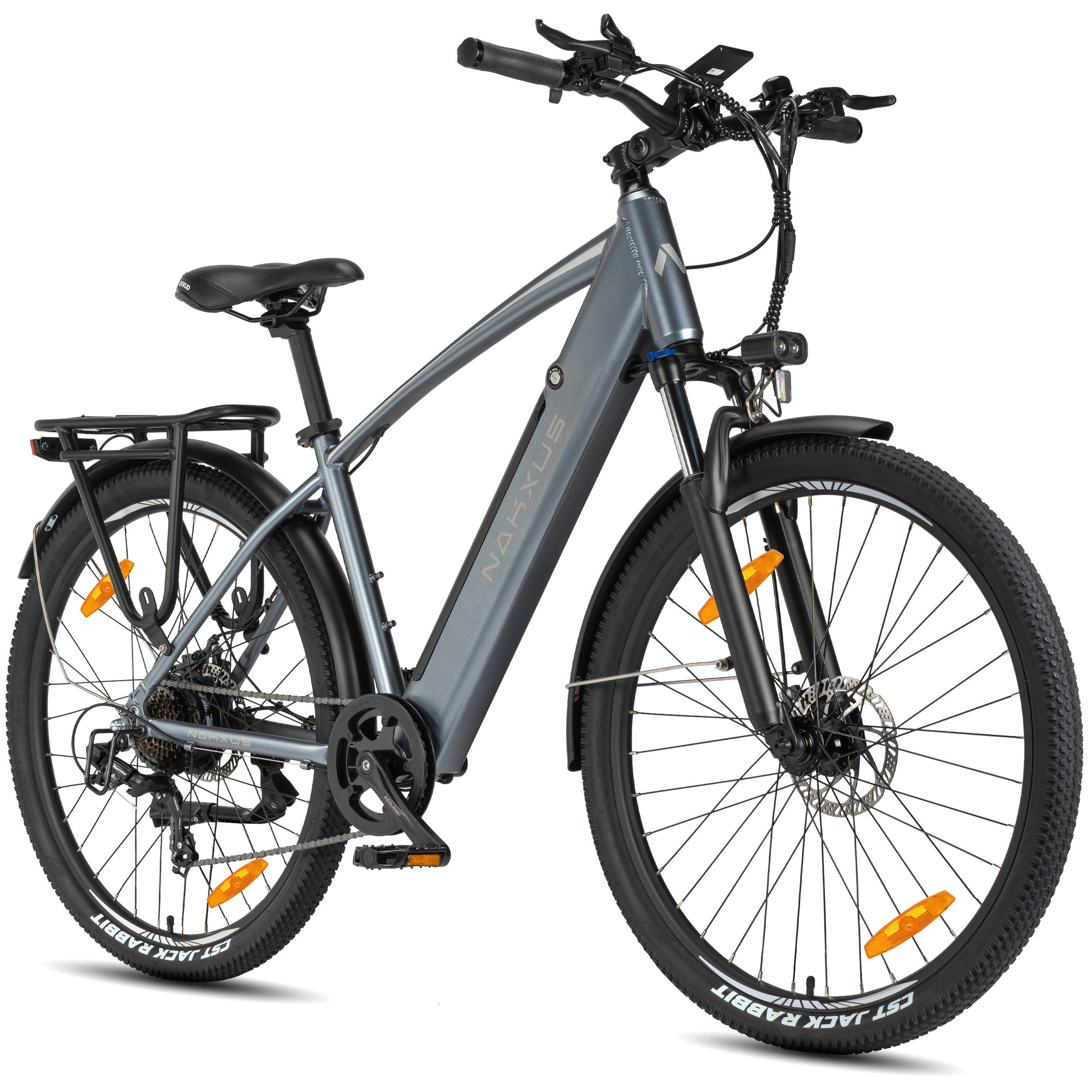 Vankel E-Bike Trekkingrad 27,5 Zoll Trekkingrad für Damen und Herren, 7 Gang, 450Wh max.70Km, 7 Gang Schimano Schaltwerk, Kettenschaltung, Heckmotor, 450 Wh, City Pedelec mit digitalem Display, leicht und aufladbar