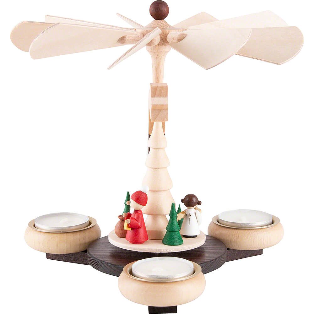 Ullrich Kunsthandwerk Weihnachtspyramide 1-stöckige Pyramide naturfarben Weihnachtsmann und weiße Engel (19cm)