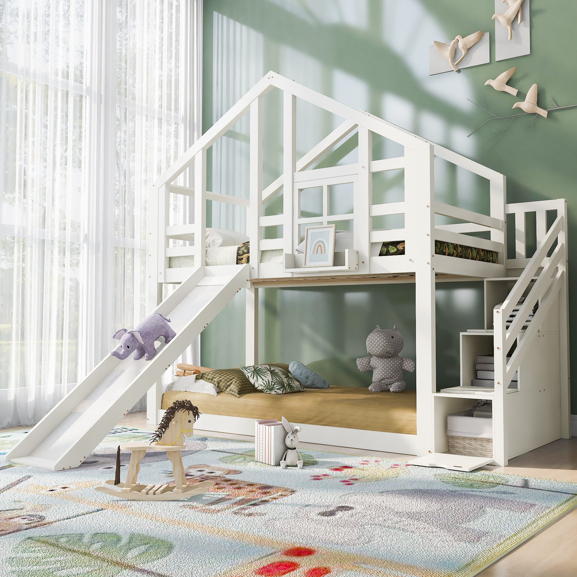OKWISH Etagenbett Kinderbetten Einzelbett Gästebett (Hausbett Baumhaus, mit 2 Schlafplätze, 3 Schublade), mit Rausfallschutz, 90 x 200 cm