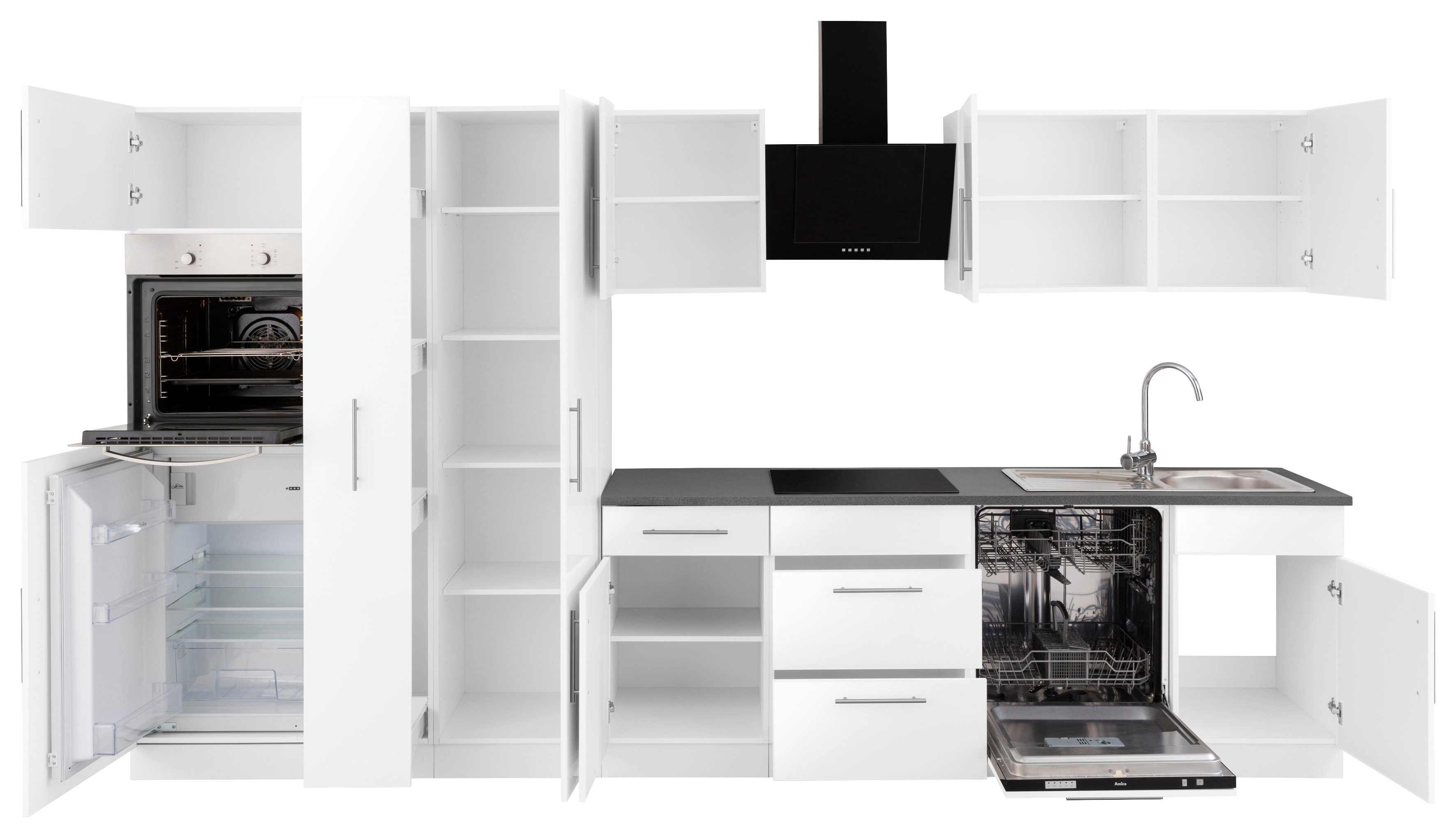 cm Front: E-Geräten, Küchenzeile wiho Korpus: 360 matt Breite Arbeitsplatte: Weiß Cali, Weiß, Metallgriffen mit Glanz, Küchen | weiß Grau mit Granit