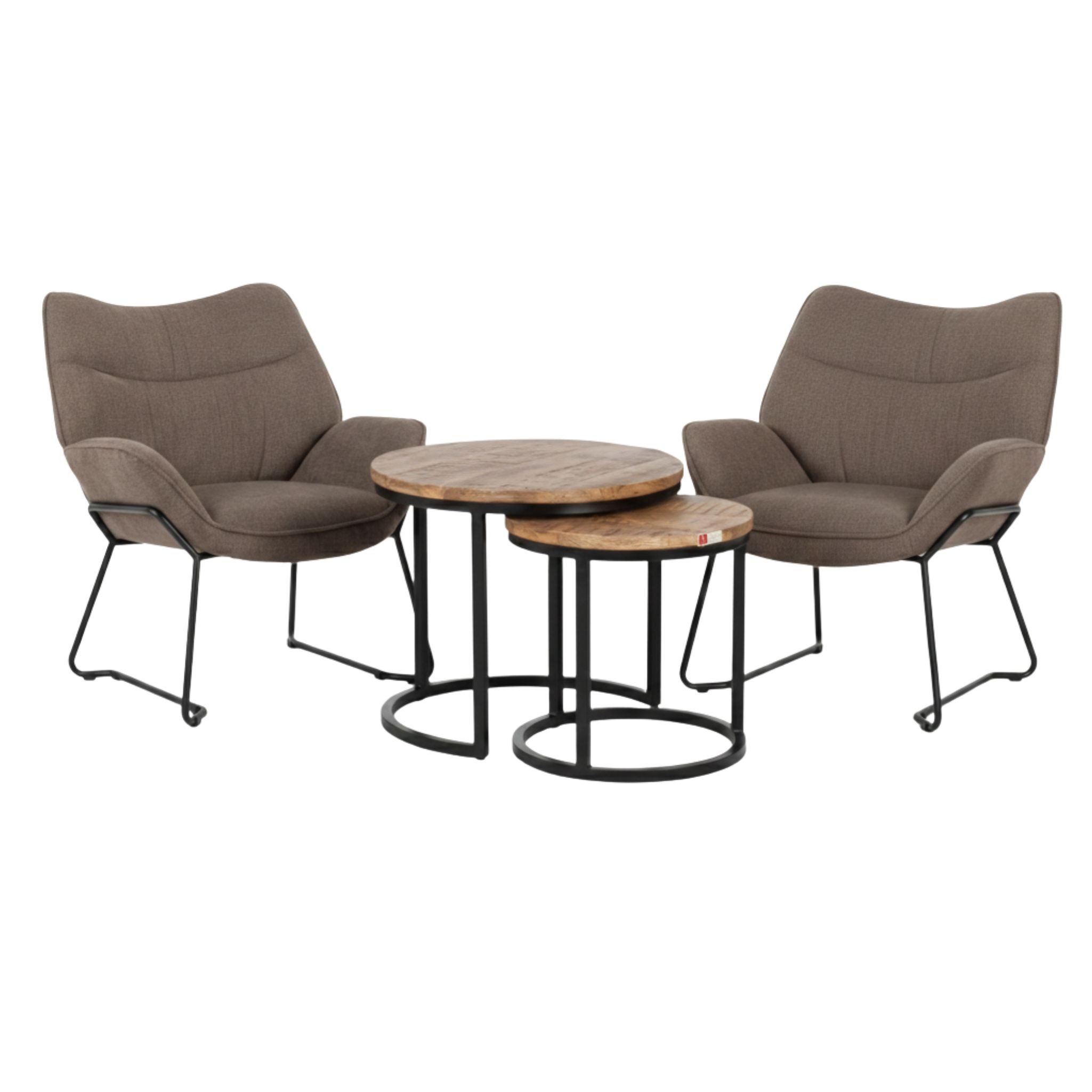 MR.DEKO Loungesessel Wohnmöbel Set Sessel Aliano und Fermo Beistelltisch 2er Set, Mangoholz (2‑teiliges Indoormöbel‑Set: 2x Sessel + 2x kleine Tische, 4-St), Comfort‑Sessel dunkelgrau & Beistelltische massiv Leseecke