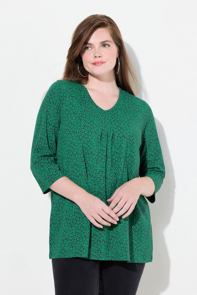 Ulla Popken T-Shirt Shirt Blüten A-Linie V-Ausschnitt 3/4-Arm