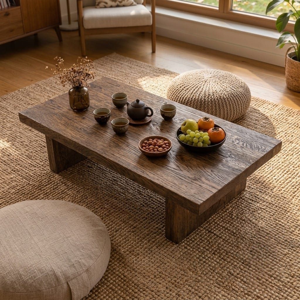 DaoWood Couchtisch Kaffeetisch Beistelltisch Bodentisch Meditationstisch Massive Eiche (1 x Tisch), Tisch aus Massive Holz Eiche Handfertig,26cm Hohe