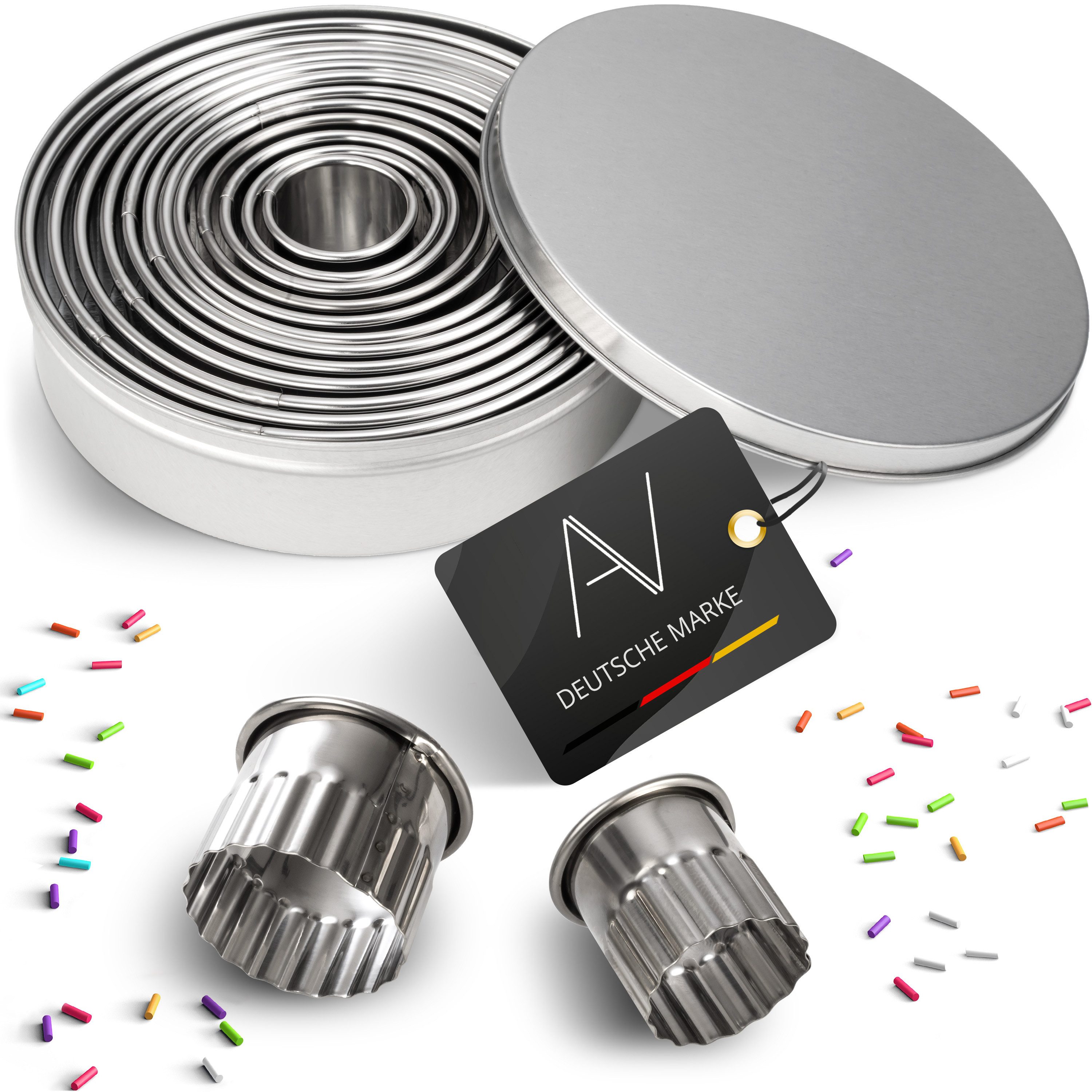 AVANA Ausstechform gewellt Ausstecher Ringe Keksformen Cookie Cutter Set Rund Plätzchen, Edelstahl, (12 Stück), Ausstechformen mit Aufbewahrungsbox
