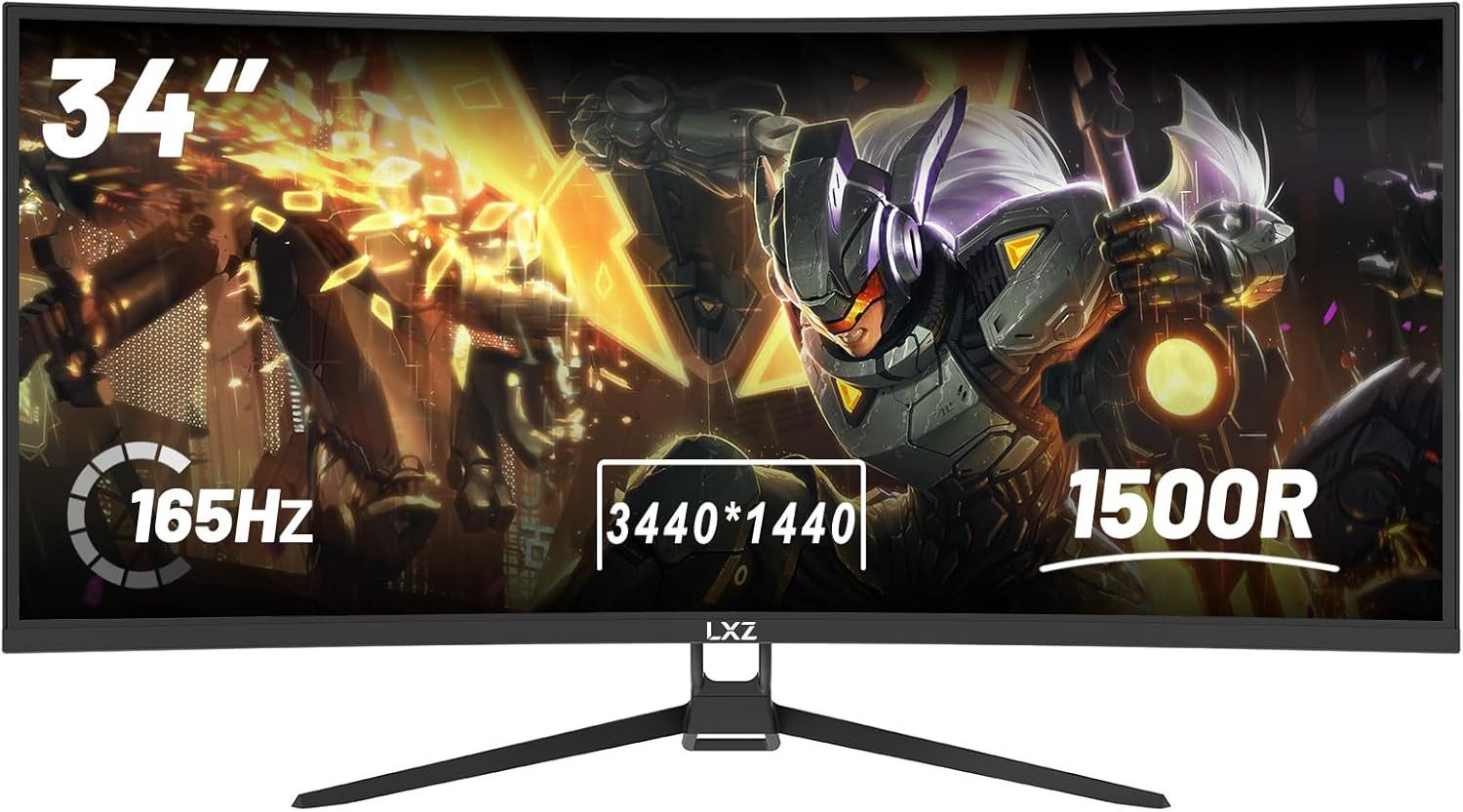 LXZ 34 Zoll Curved Monitor, 1500R, 165 Hz, UWQHD 4K Gaming-Monitor (3440 x 1440 px, UWQHD, 1 ms Reaktionszeit, LED, DP/HDMI, 127% sRGB, PIP (Bild-in-Bild) / PBP (Bild-neben-Bild)