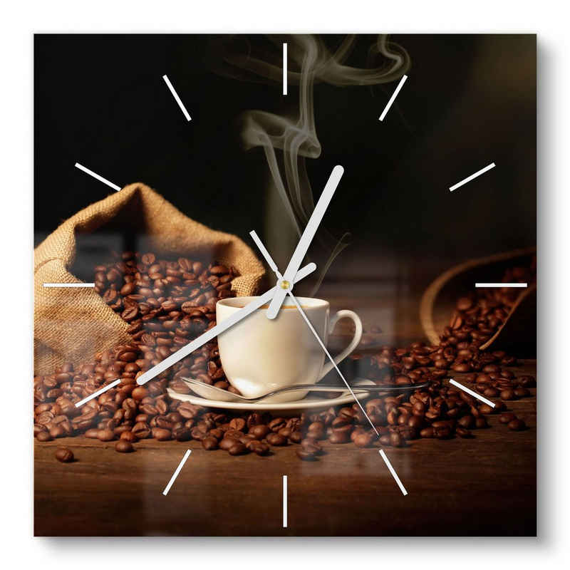 DEQORI Wanduhr 'Kaffeetasse mit Bohnen' (Glas Glasuhr modern Wand Uhr Design Küchenuhr)