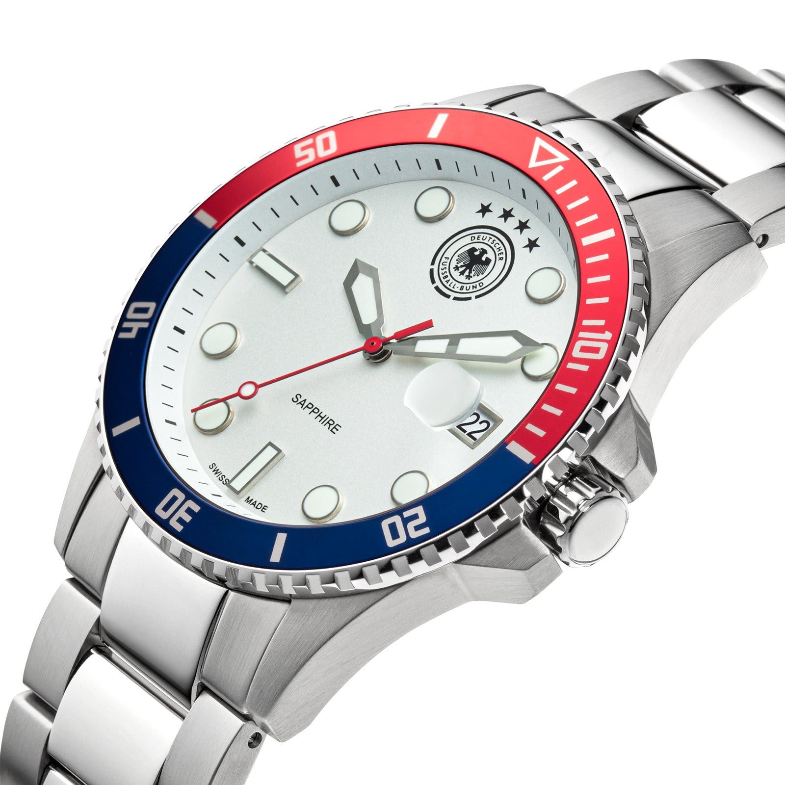 Deutscher Fußball-Bund Quarzuhr DFB Herrenuhr Edelstahl silber, (Analoguhr), Herrenuhr rund, groß (42mm), Edelstahlarmband silber, Fußball-Sport