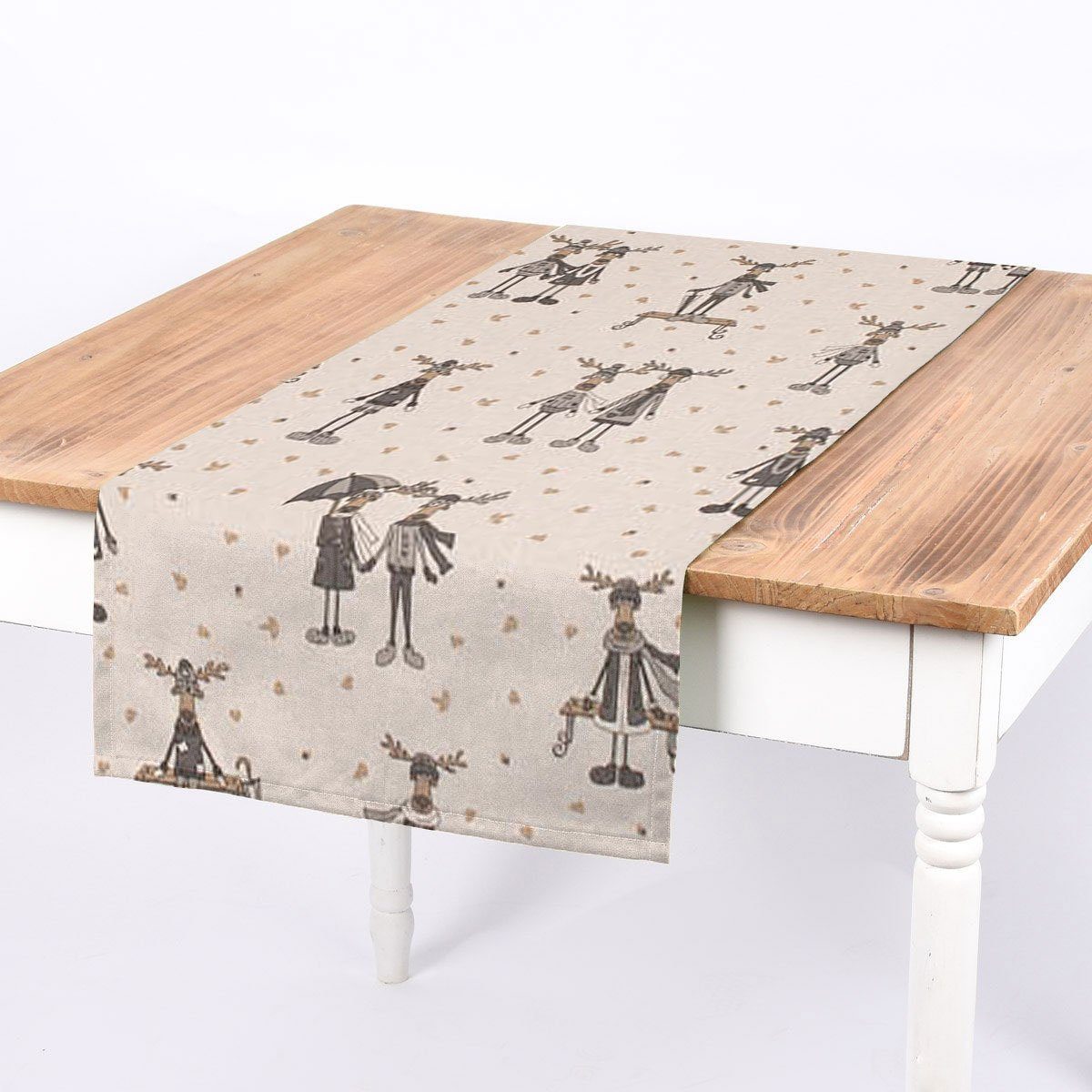 SCHÖNER LEBEN. Tischläufer Moose Winter Elche Love natur grau beige, made in Germany,handmade