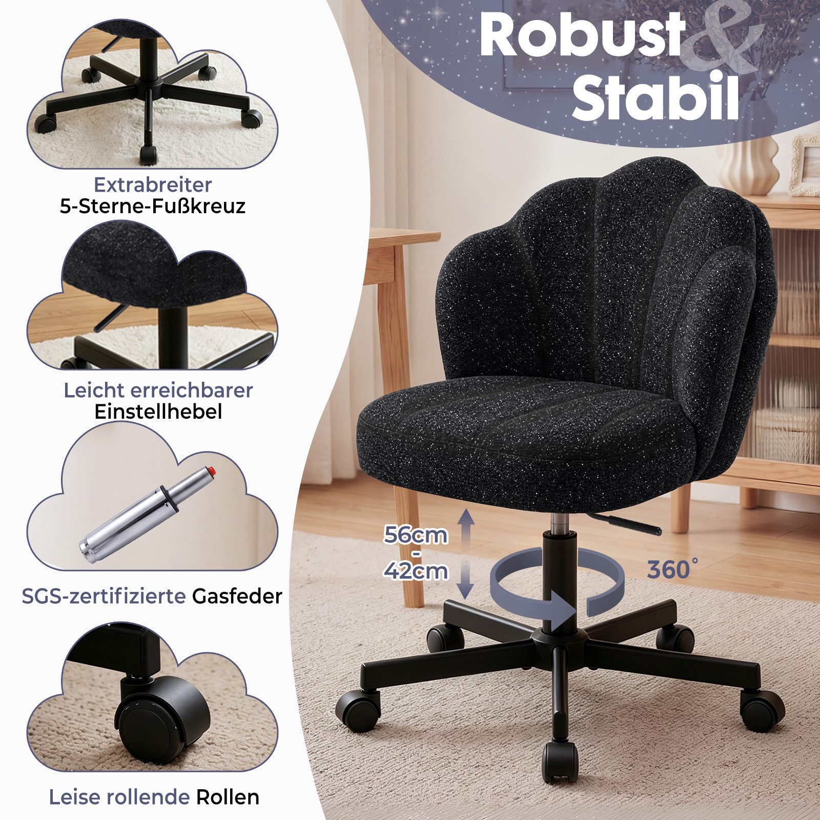 COMHOMA Bürostuhl Schminkstuhl Homeoffice Stuhl, Schreibtischstuhl Drehstuhl mit Rrollen, höhenverstellbar,für Schminktisch,Arbeitszimmer, Schlafzimmer,150kg – Bild 2 von 5