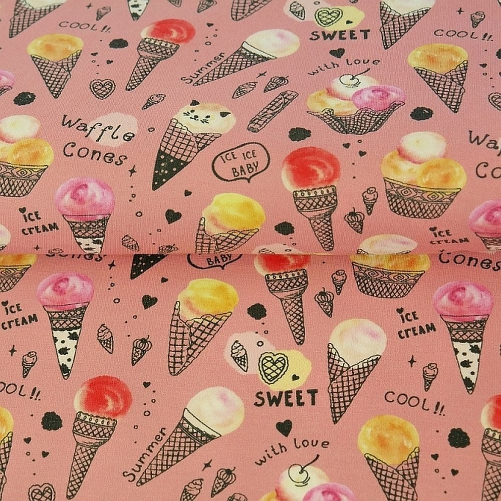 larissastoffe Stoff Jersey Stoff Eistüten Eiscreme Sommer rosa 1 m, Meterware, 100 x 150 cm