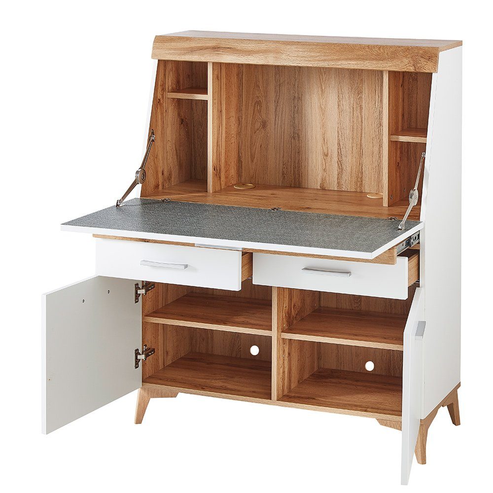 Lomadox Sekretär SELVA-36, in weiß mit Eiche Altholz Nb., B/H/T ca. 98/124/42 cm