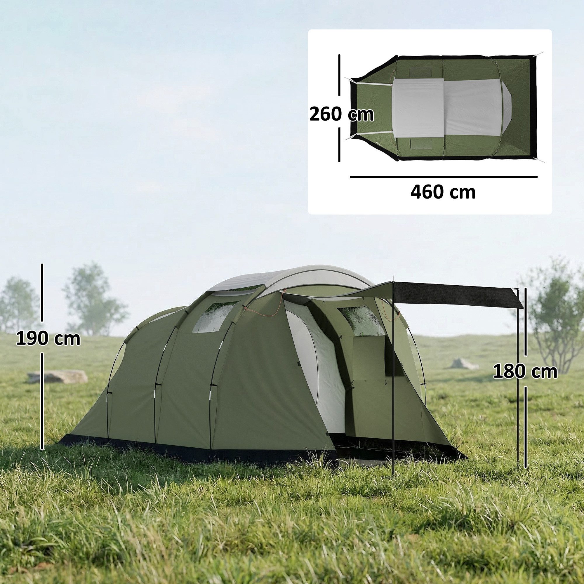 kowdom Tunnelzelt Campingzelt 3-4 Personen, 2-Raum, 3000 mm wasserdicht, mit Vorzelt, Personen: 4 (Campingzelt, Komplettzelt für 3-4 Personen mit Vorzelt), Familienzelt, 3000 mm Wassersäule, Windstufe 6, Vorzelt, 3-4 Personen