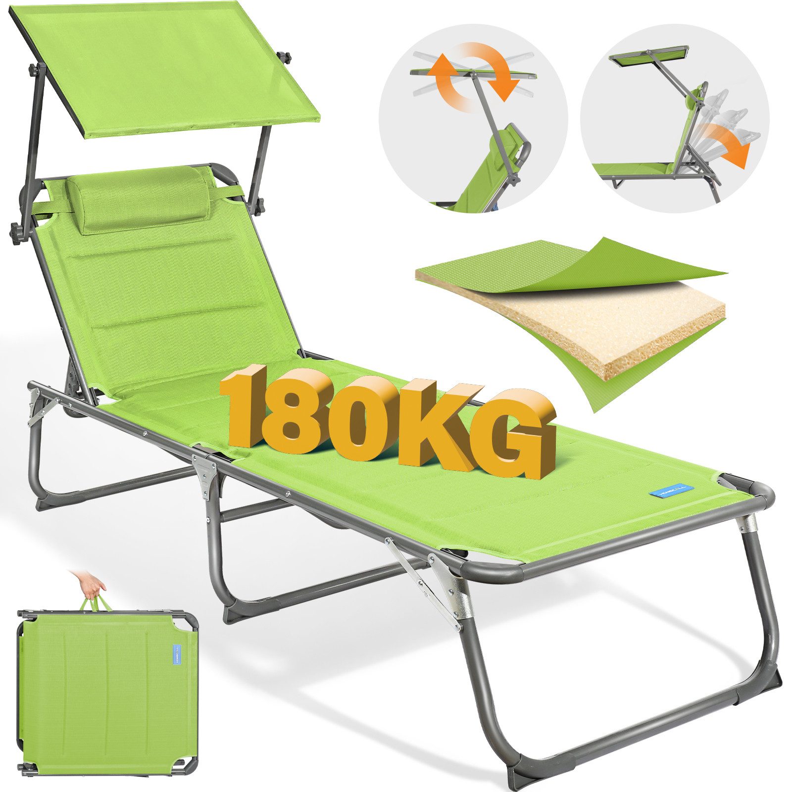 HOMECALL Gartenliege Sonnenliege AluLiege Liegestuhl Strandliege Liegen, klappbar, Textilene Mit Dickem Schwamm, Verstellbare Rückenlehne, Sonnenblende, Kopfpolster, bis 180KG