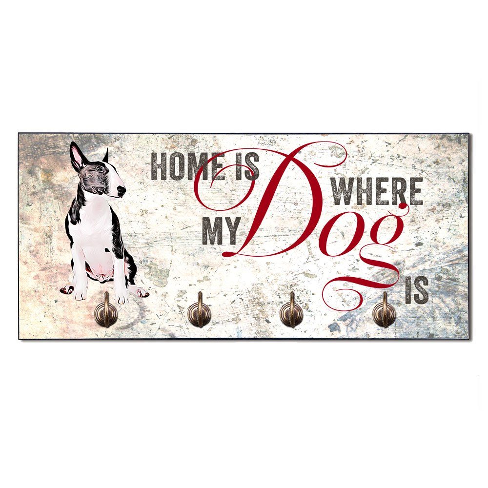 Cadouri Wandgarderobe BULLTERRIER Hundegarderobe - Wandboard für Hundezubehör (Garderobe mit 4 Haken), MDF, mit abgeschrägten Ecken, handgefertigt, für Hundebesitzer