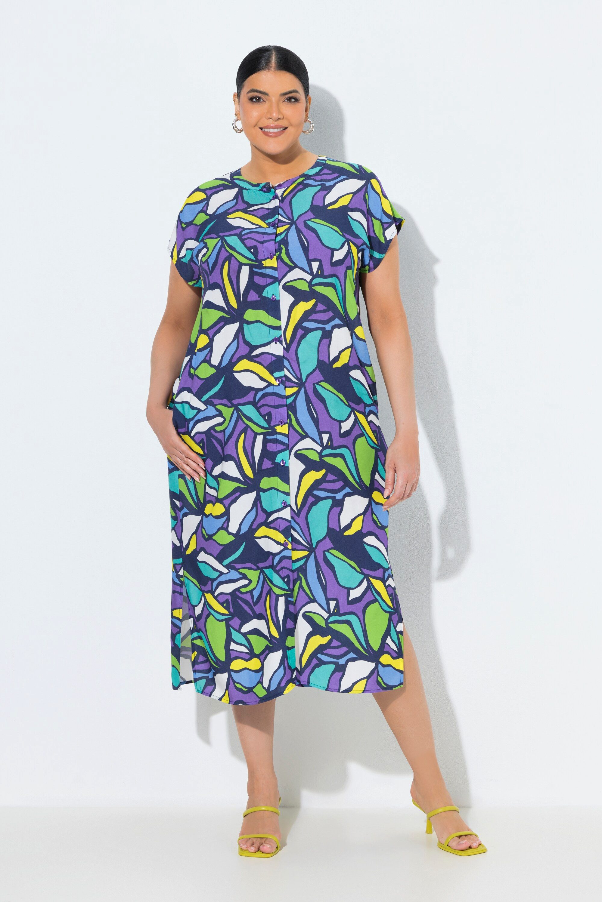 Ulla Popken Midikleid Midikleid Blätter Oversized Stehkragen Halbarm