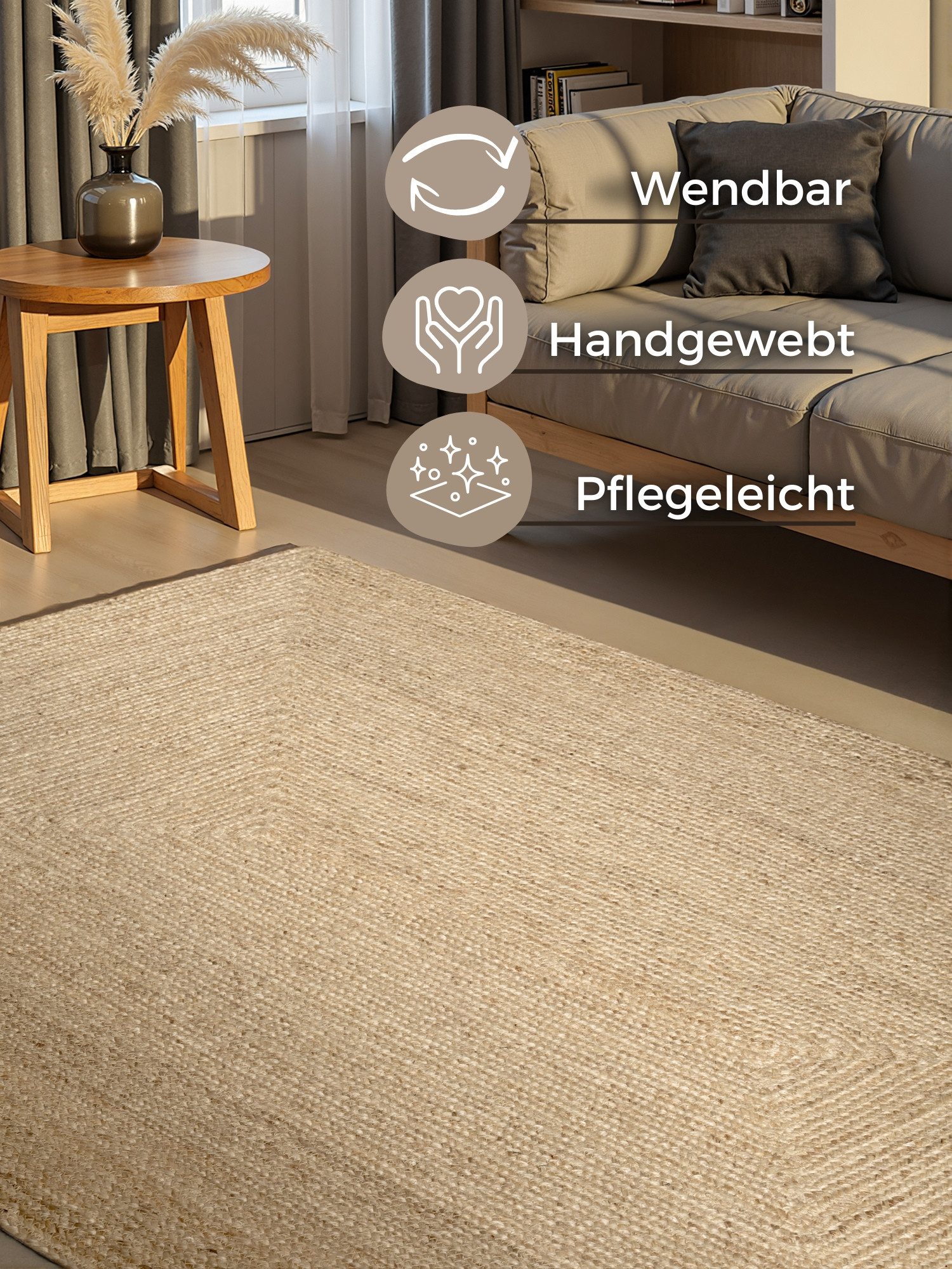 HANSE Home Teppich Juno Juteteppich, rechteckig, Höhe: 9 mm, 100% Jutefaser, Natur, Wohnzimmer, Esszimmer, Flur, Boho, Skandi
