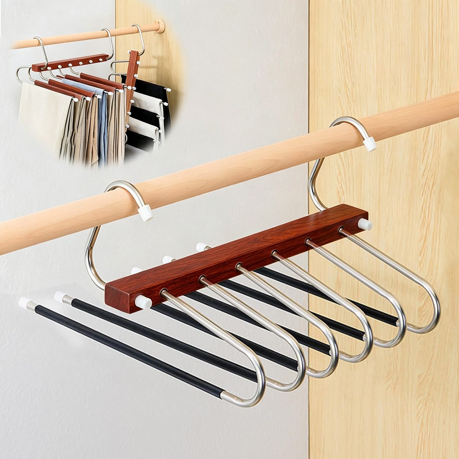 wohnTRAUM24 Kleiderbügel Hosenbügel Klemmbügel Holz, 6 In 1 Faltbare Hosenbügel Platzsparend, Kleiderschrank Organizer für Hosen, Jeans, Handtücher, Schals