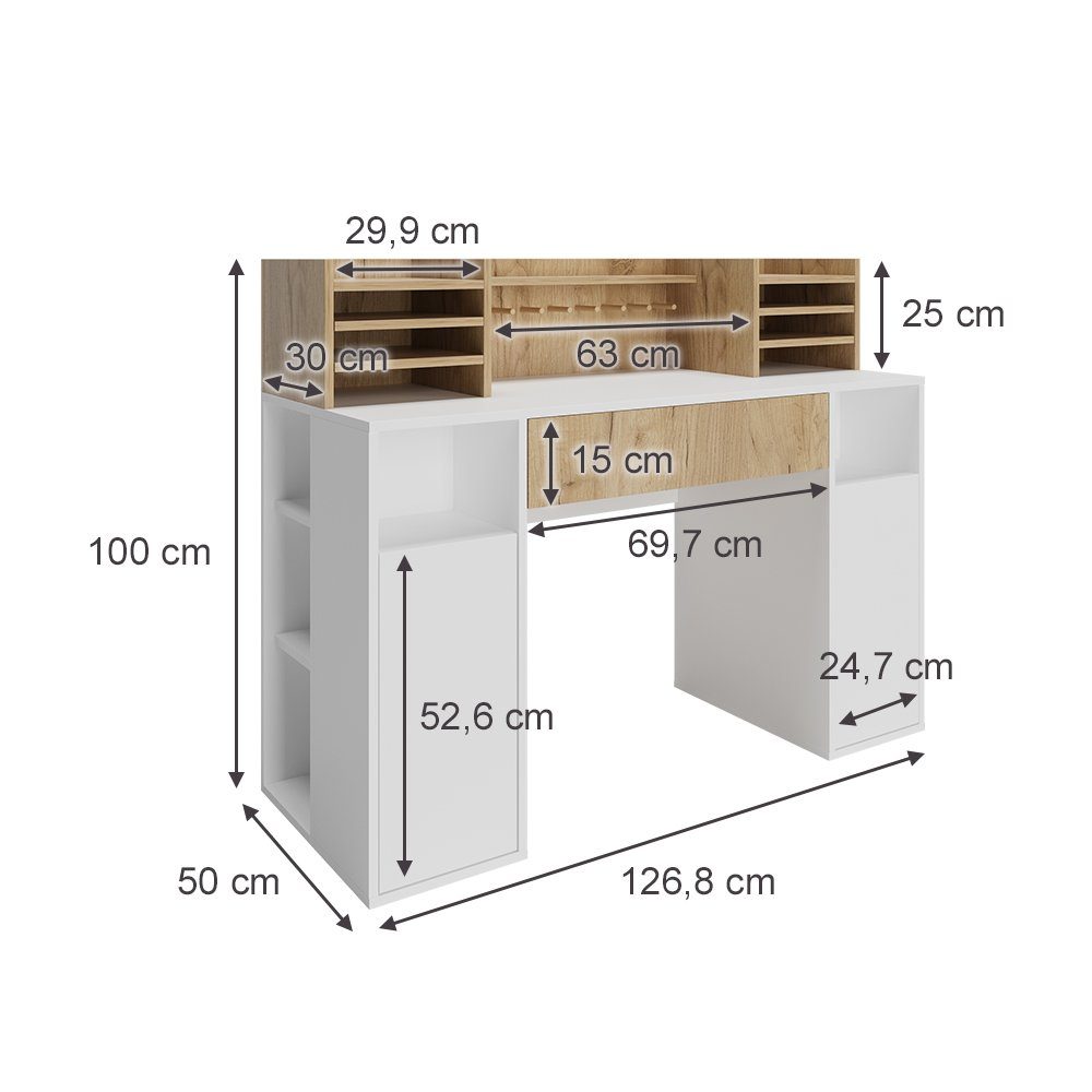 Vicco Schreibtisch, Weiß/Sonoma/Sonoma, 126.8 x 50 cm XL mit Regale (1-St)