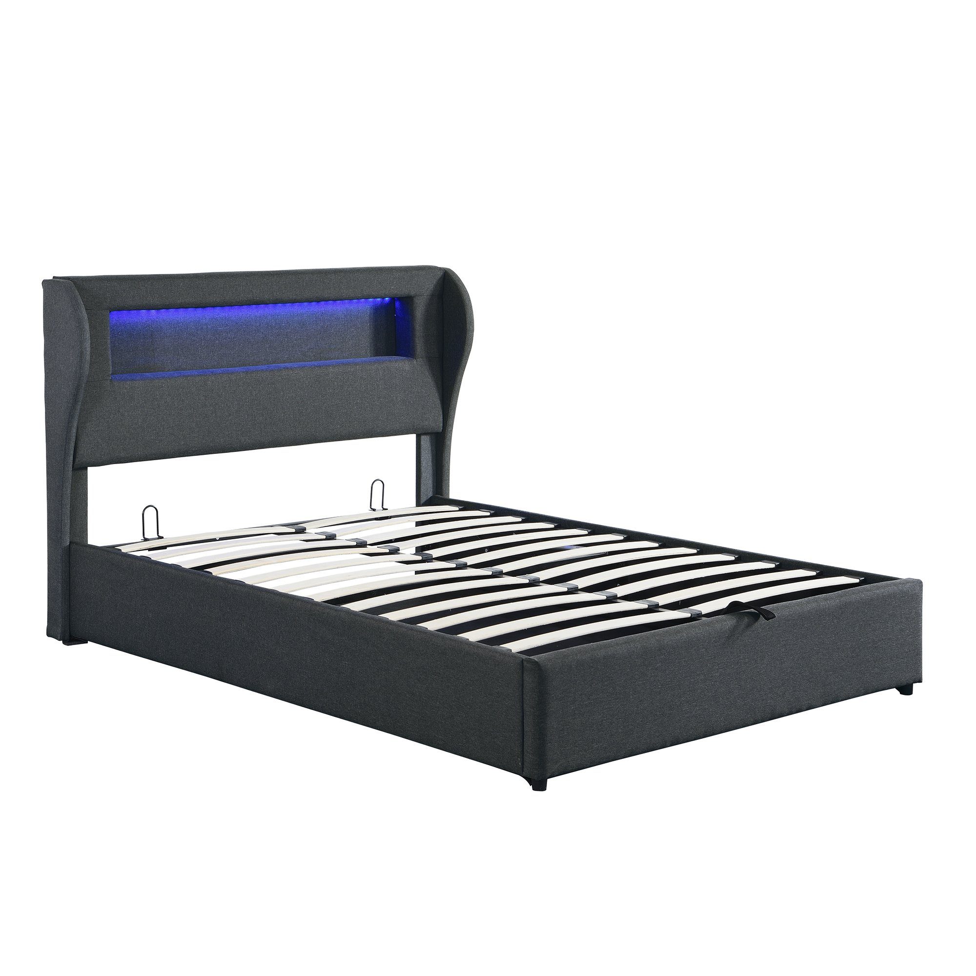 Boxspringbett (Doppelbett 140 x 200 cm mit LED Beleuchtung, Leinen), Polsterbett Hydraulisches Funktionsbett mit Lattenrost und Bettkasten