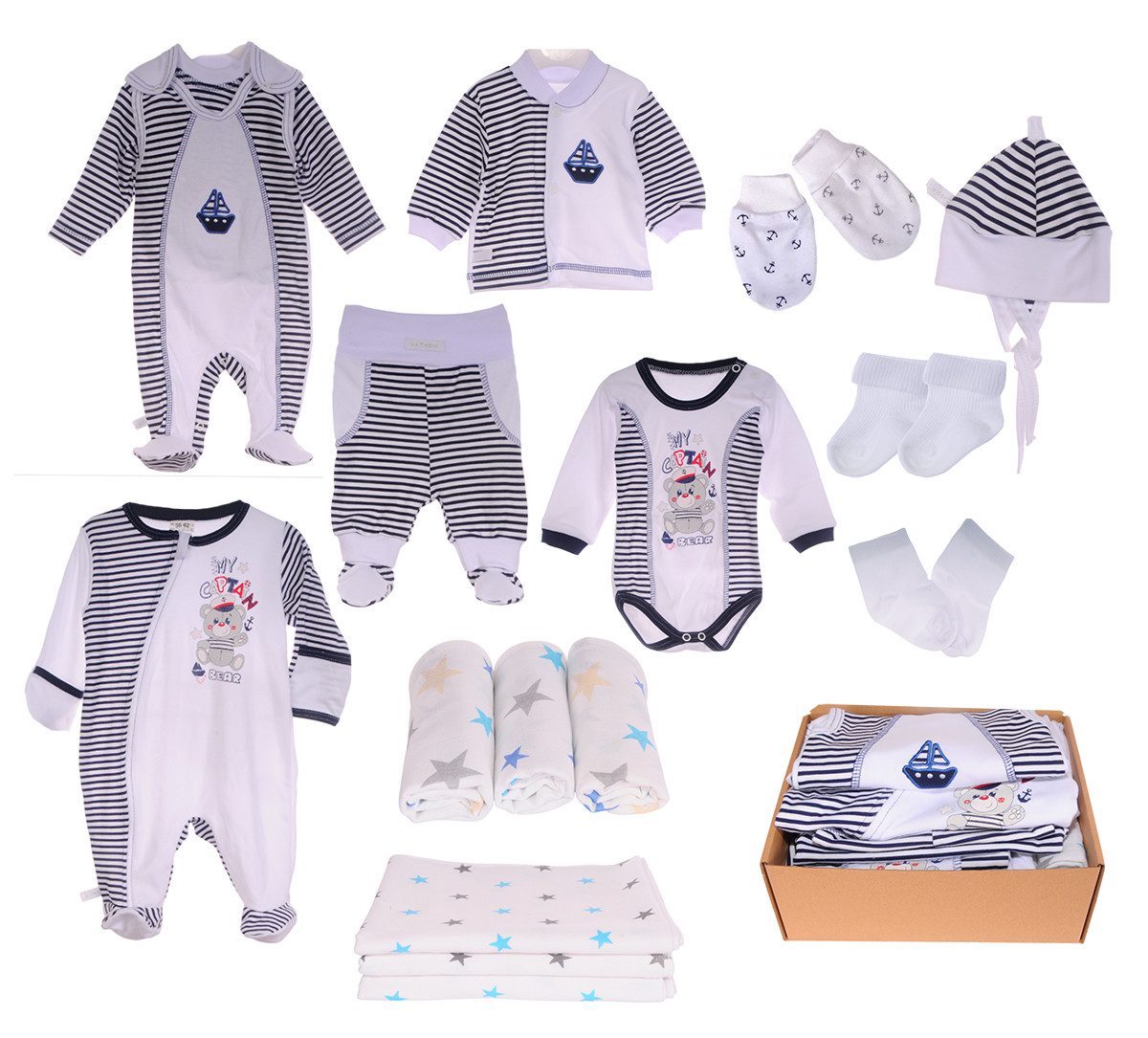 Erstausstattungspaket Baby Set 17 Teile Body Hose Strampler Schlafanzug Shirt Socken Mütze