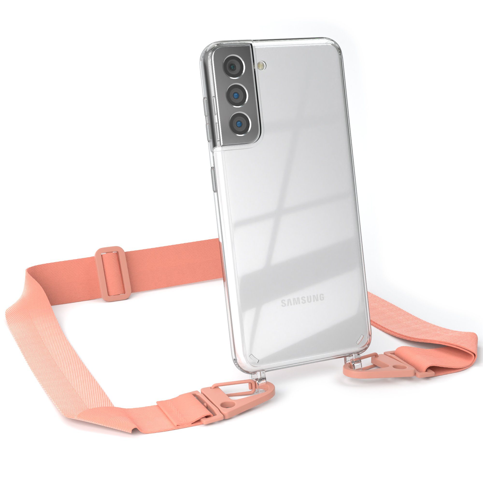 EAZY CASE Handykette Silikon Kette Karabiner für Samsung Galaxy S21 5G 6,2 Zoll, Silicon Handyhülle mit breiter Kette Carabiner Necklace Altrosa Coral