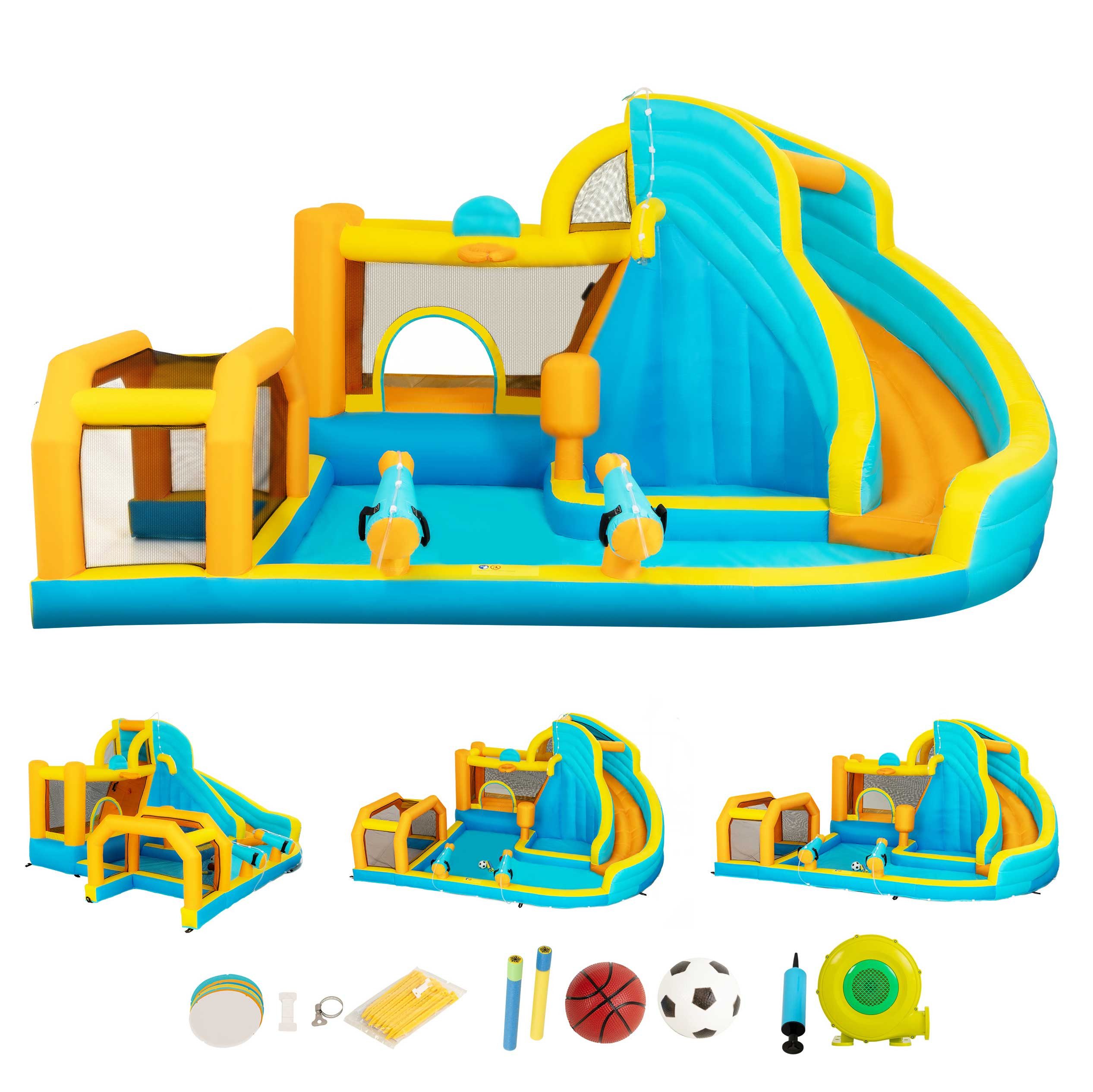 UEV Hüpfburg mit Gebläse Groß Aufblasbare Wasserpark Springburg, (445x345x215cm XXL für Kinder von 3-8 Jahre, mit Kletterwand Sicherheitsnetz Kindergeburtstag), für Indoor und Outdoor Wasserrutsche Springen