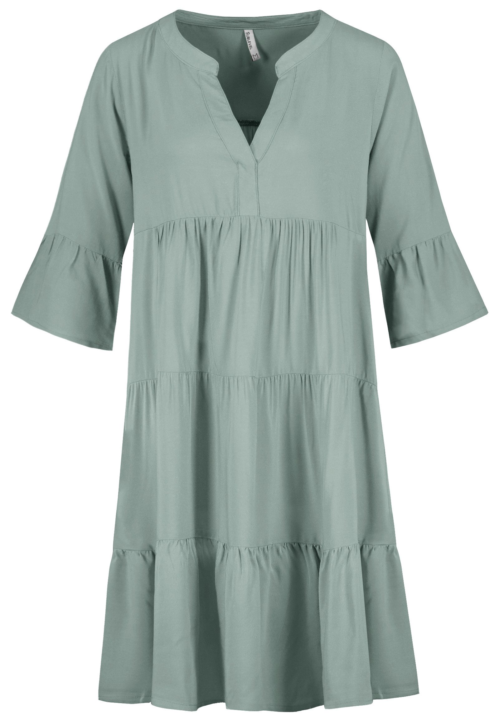 SUBLEVEL Shirtkleid V-Ausschnitt, 3/4-Ärmel, Volant-Saum, lockerer Schnitt (lang) Maxi Dress