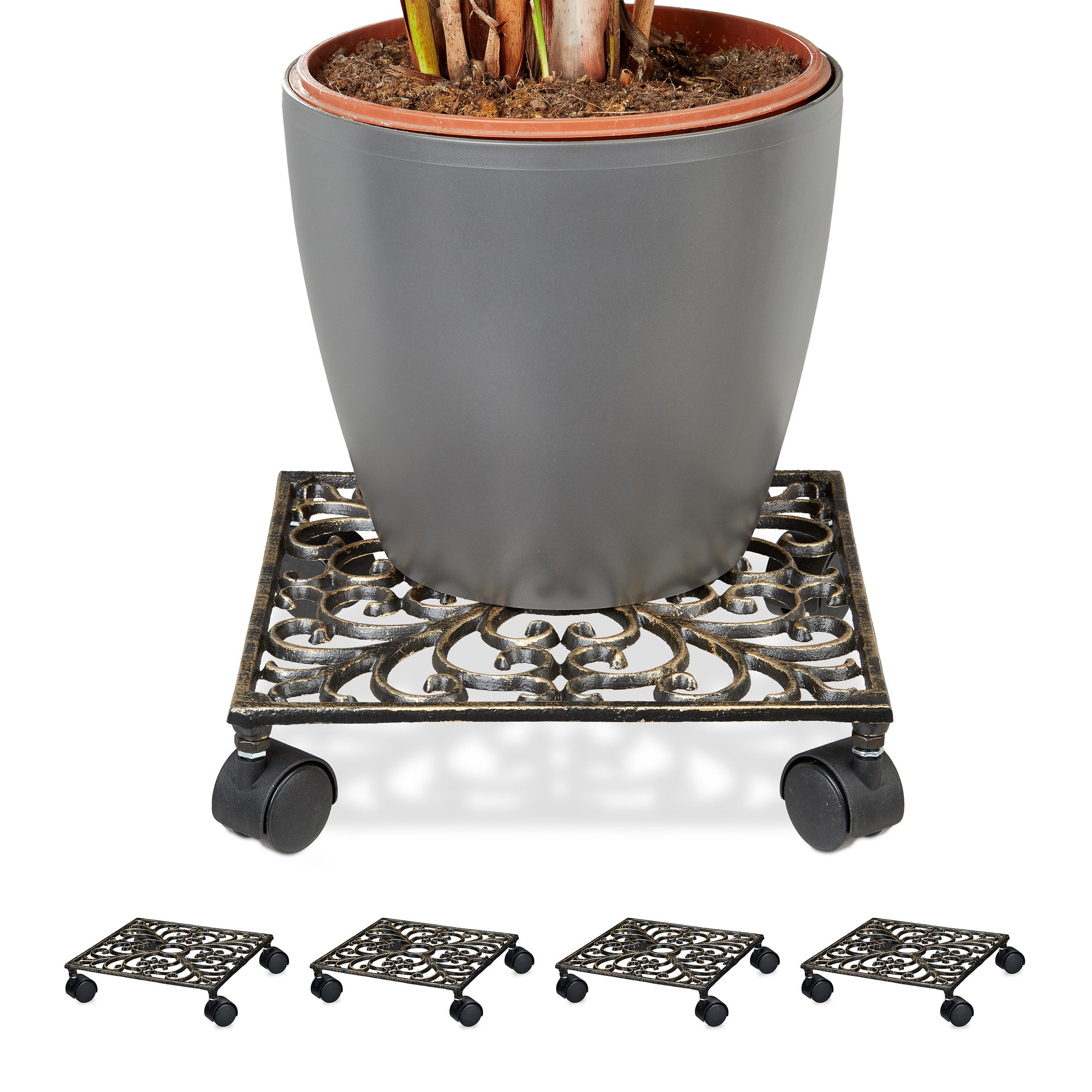 Blumentopfuntersetzer 5 x Pflanzenroller Gusseisen eckig