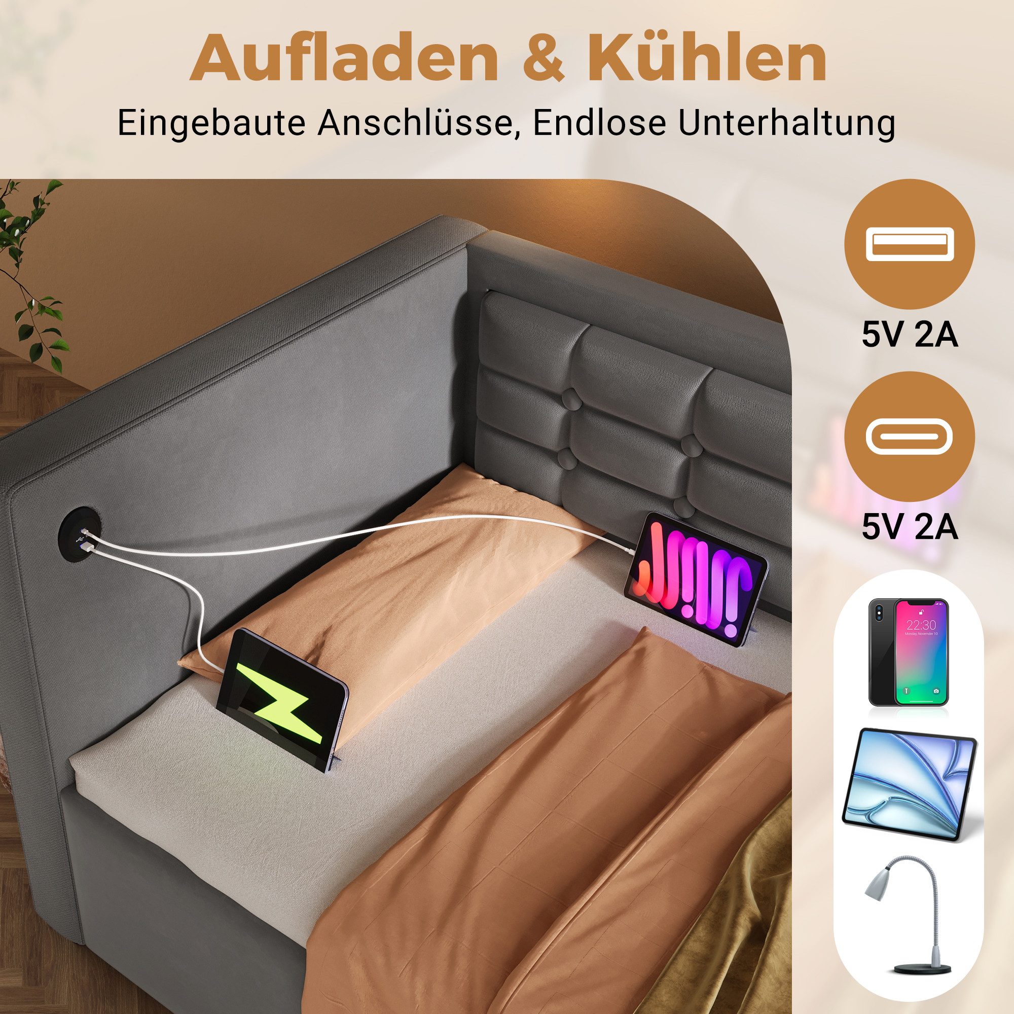 STILVORA Schlafsofa mit Bettkasten,Polsterbett 90x190 mit Stauraum,Jugendbett mit USB-C, Sofabett, Polstersofa, Einzelbett 1 Teile, mit USB & Type-C Ladestation
