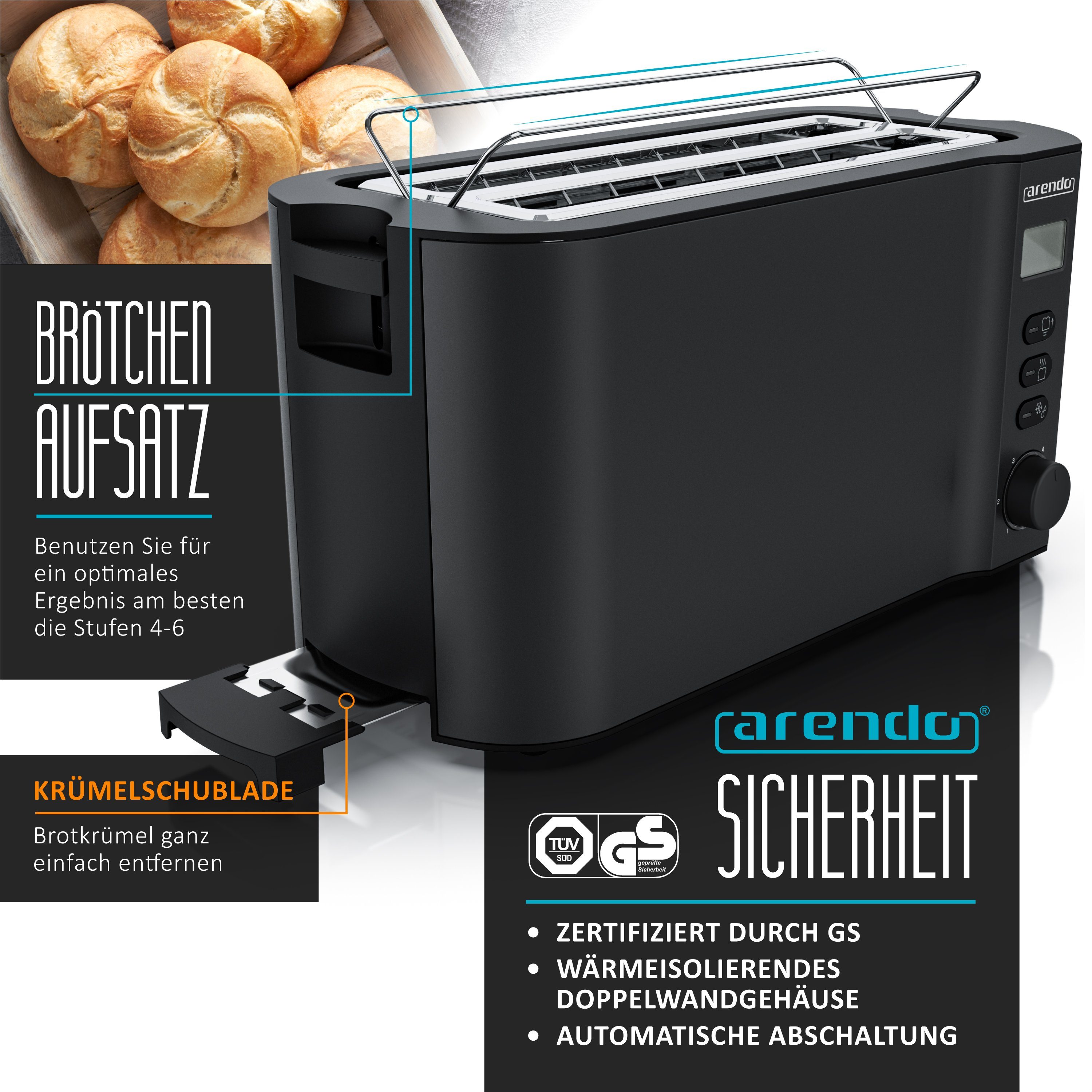 Arendo Toaster Langschlitz, Edelstahl, Display mit Restzeitanzeige, Krümelschublade, 2 lange Schlitze, für 4 Scheiben, 1500 W, Defrost Funktion, Wärmeisolierendes Gehäuse, mit Brötchenaufsatz