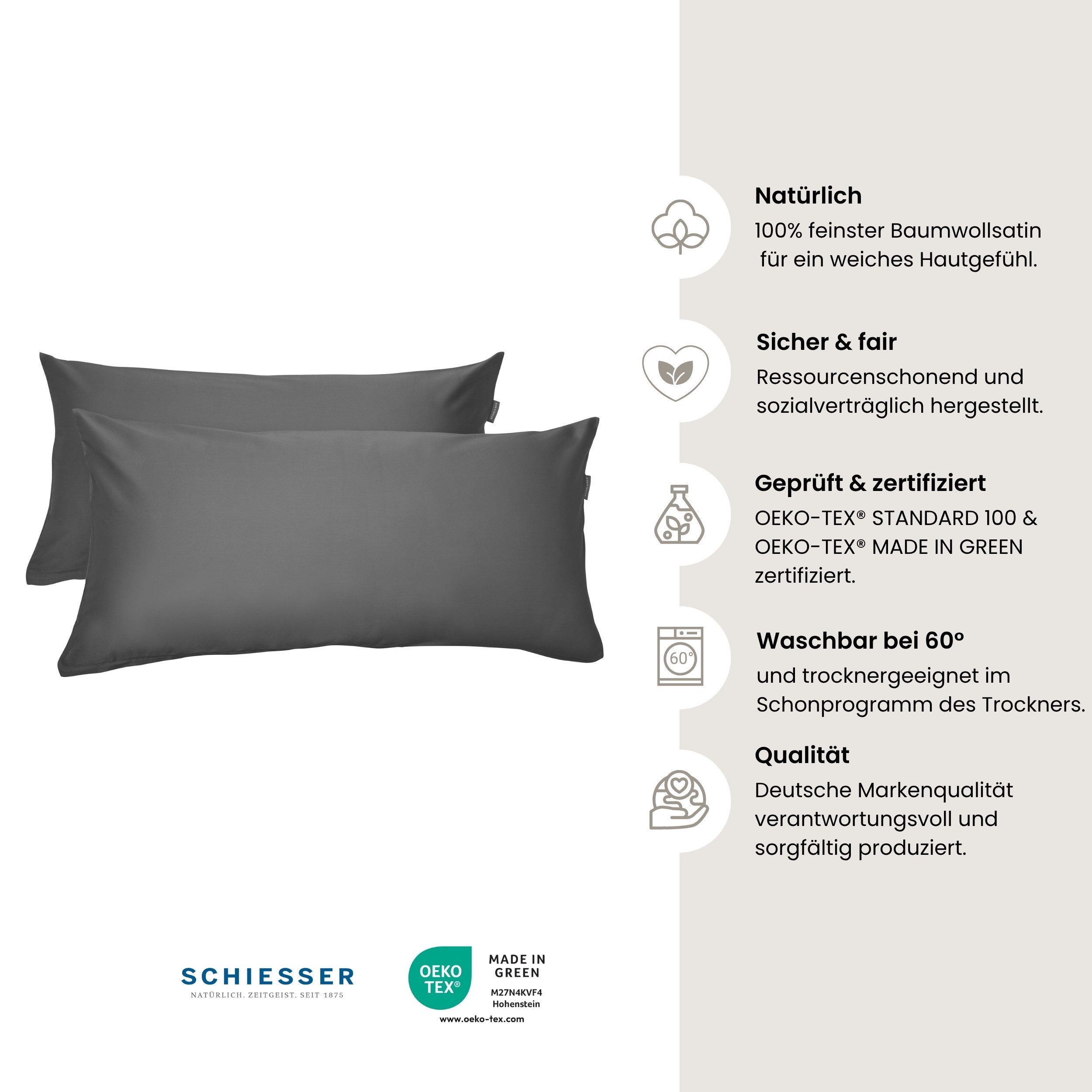 Schiesser Kissenhülle Ella Premium Kissenhüllenset aus feinstem Baumwollsatin, 40x80 cm, (2 Stück), Made in Green