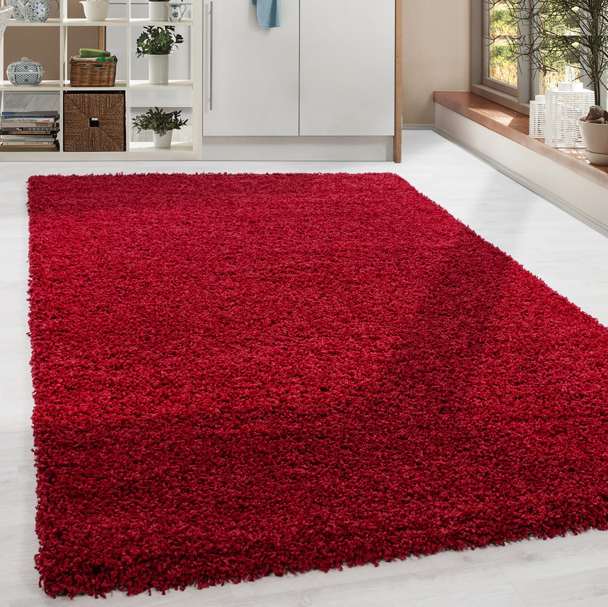 Teppich Unicolor - Einfarbig, HomebyHome, Rund, Höhe: 30 mm, Teppich Wohnzimmer Shaggy Einfarbig Rot Modern Flauschig Weiche