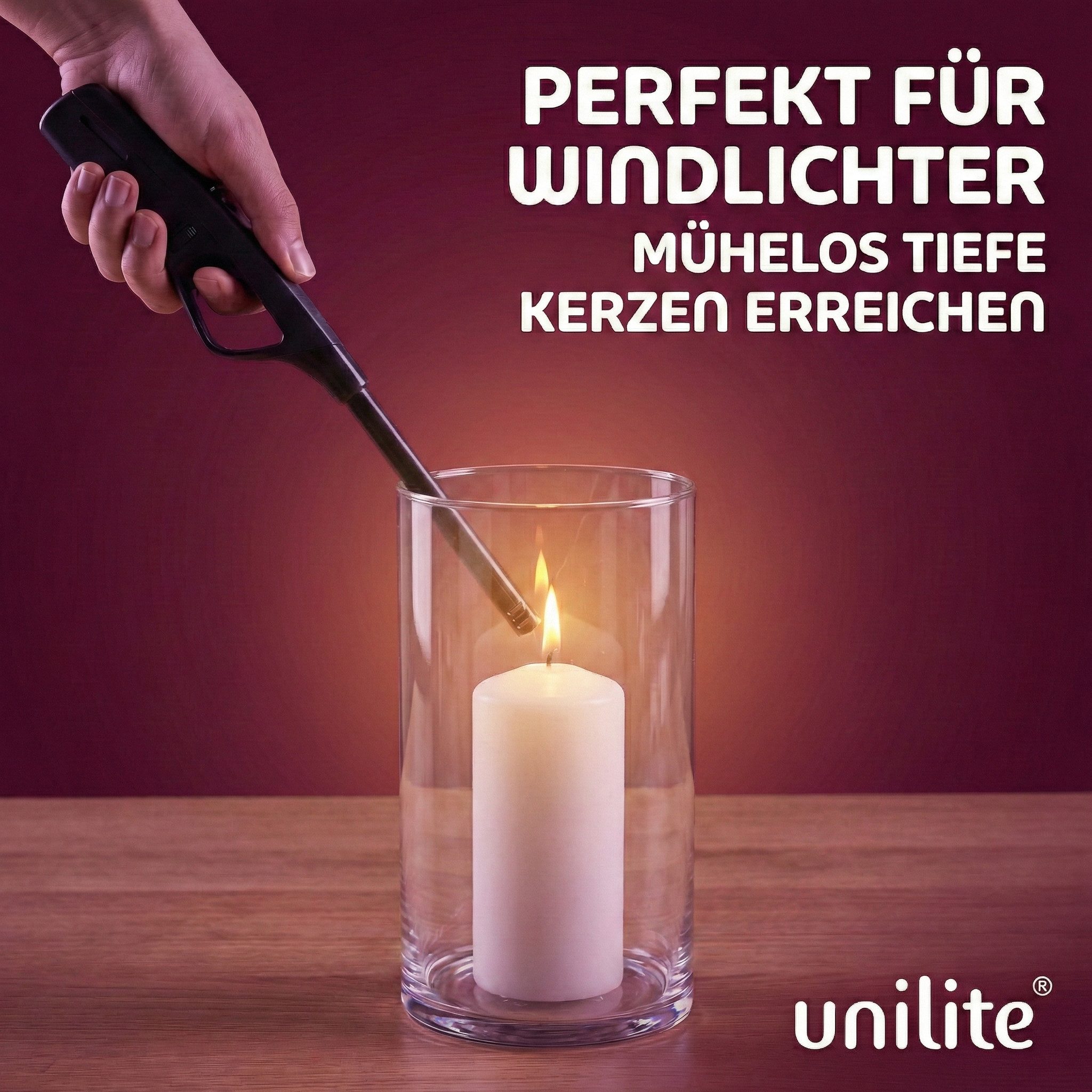 Unilite Feuerzeuge Stabfeuerzeuge 4er Set, befüllt & nachfüllbar (4-St), 27,6 cm Länge, Fester Stab, Soft-Flame