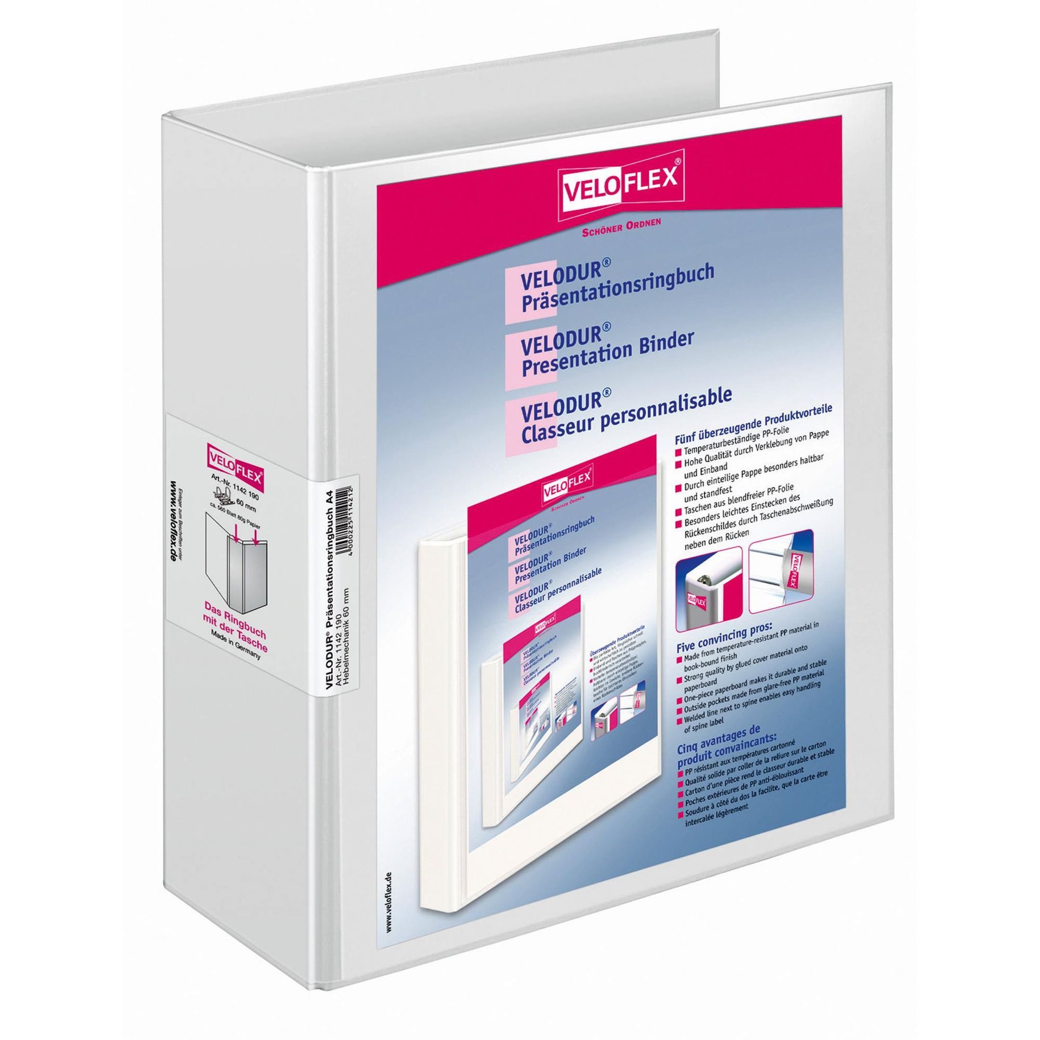 VELOFLEX Ringbuchmappe VeloflexVELODUR-Ringbuch A4 weiß 2-Ring-Hebel-Mechanik 60 mm