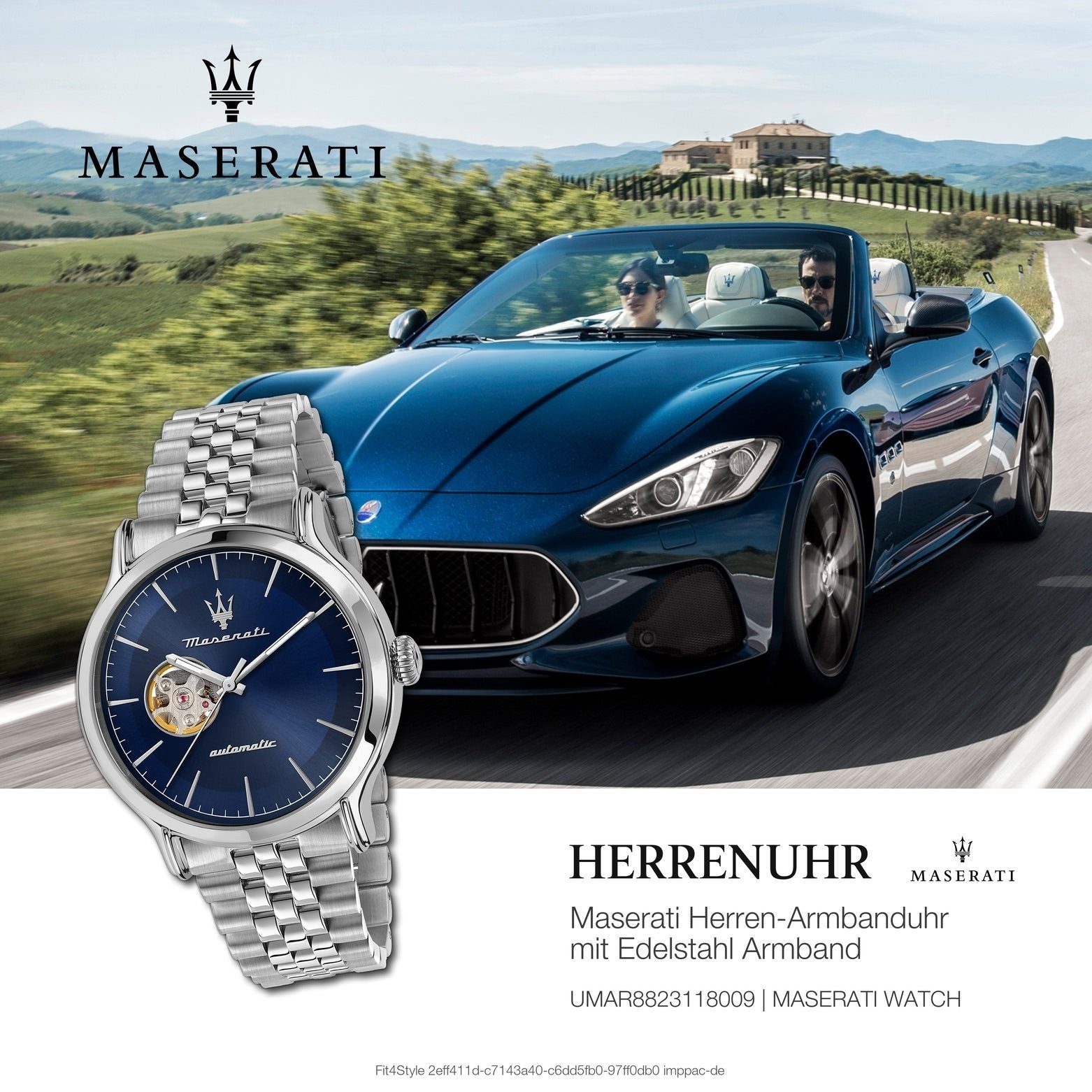 Maserati Time blau Herrenuhr Quarzuhr Maserati groß (ca. Made-In 42mm) Epoca, Edelstahlarmband, Herren rund, Italy Armbanduhr MASERATI