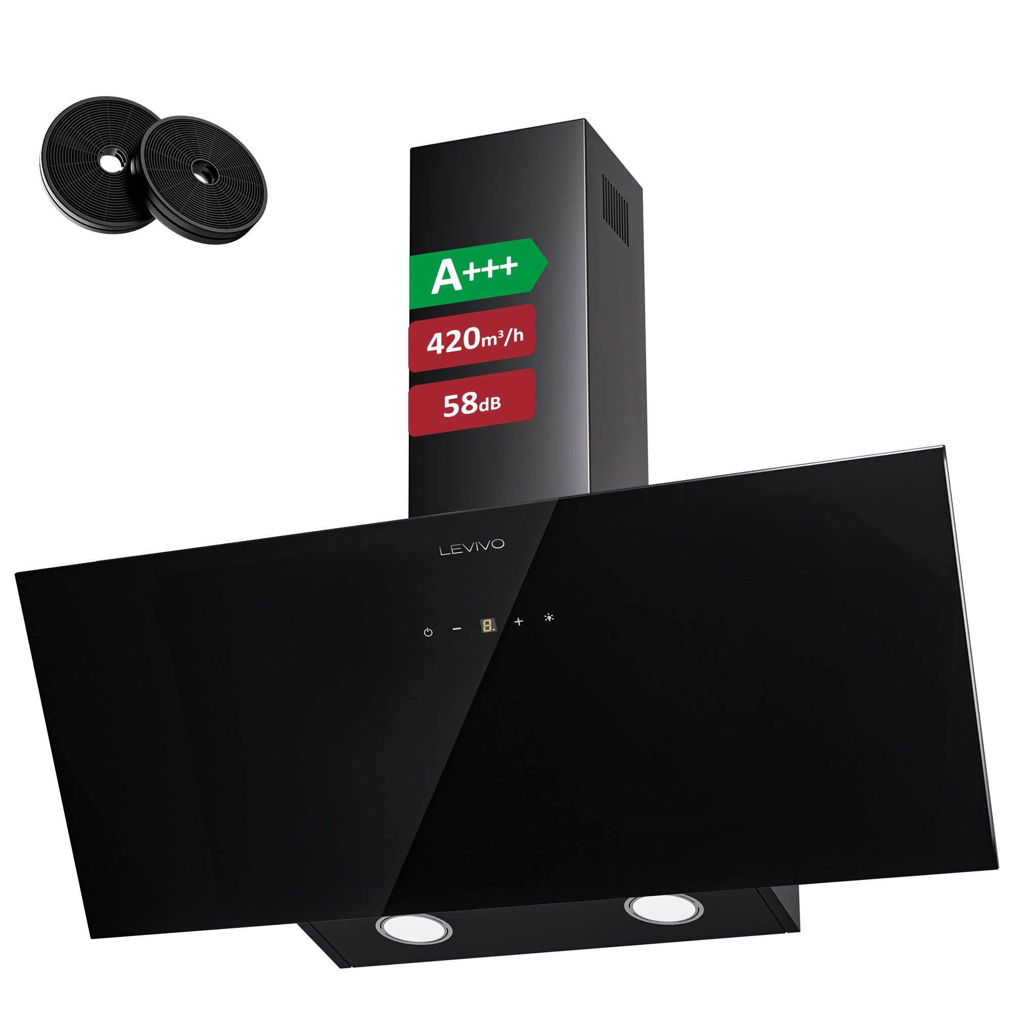 Levivo Kopffreihaube A+++ 420 m³/h Dunstabzugshaube 60cm und 80cm Umluft & Abluft A+++ 420 m³/h Dunstabzugshaube 60cm und 80cm Umluft & Abluft, Aktivkohlefiltern, Fettfiltern, LED-Beleuchtung
