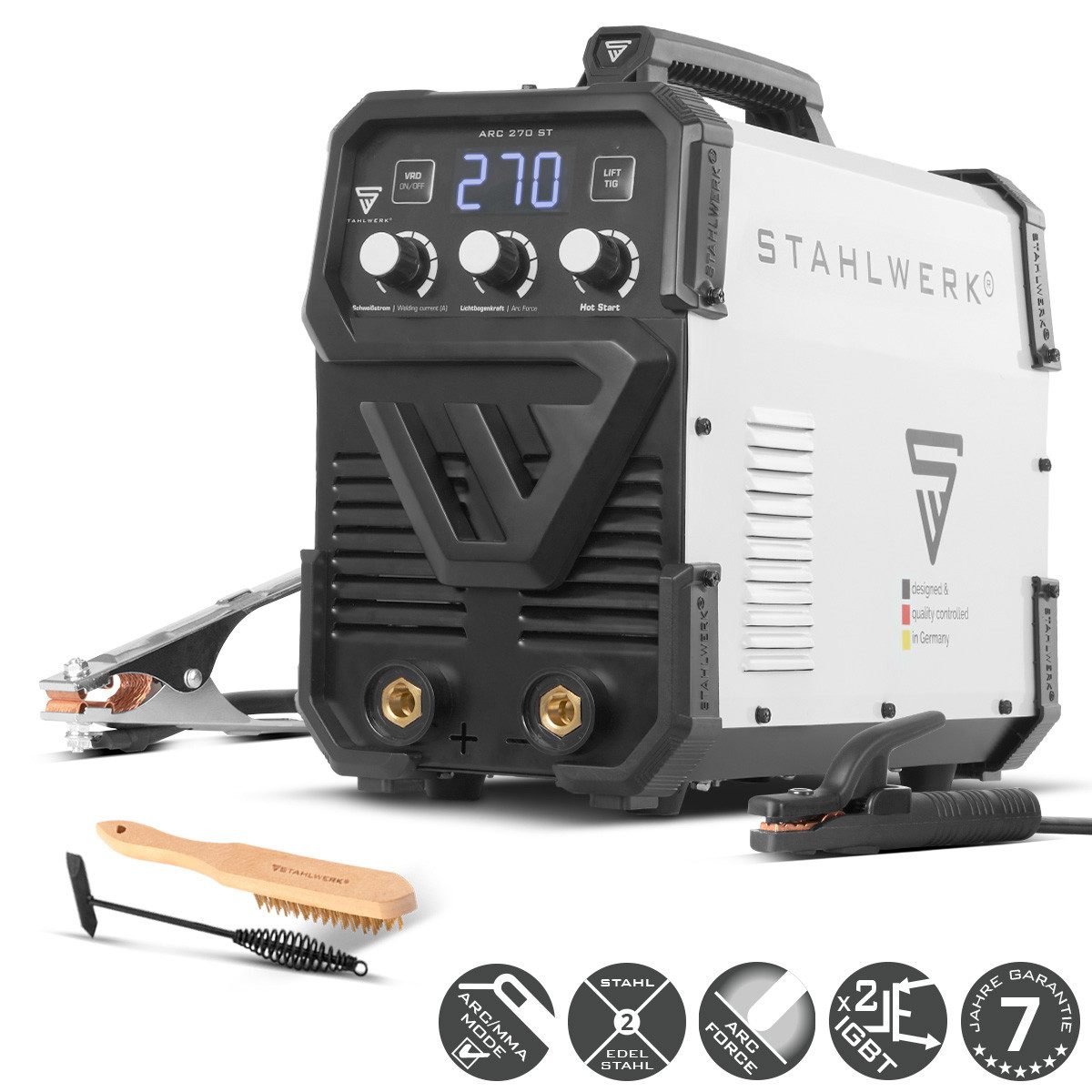 STAHLWERK Inverterschweißgerät Elektroden Schweißgerät ARC 270 ST MMA/E-Hand und Lift TIG Inverter, 30 - 270 A, Packung}, 6-tlg., Einzelgerät, höchste Effizienz & Leistung durch 400V