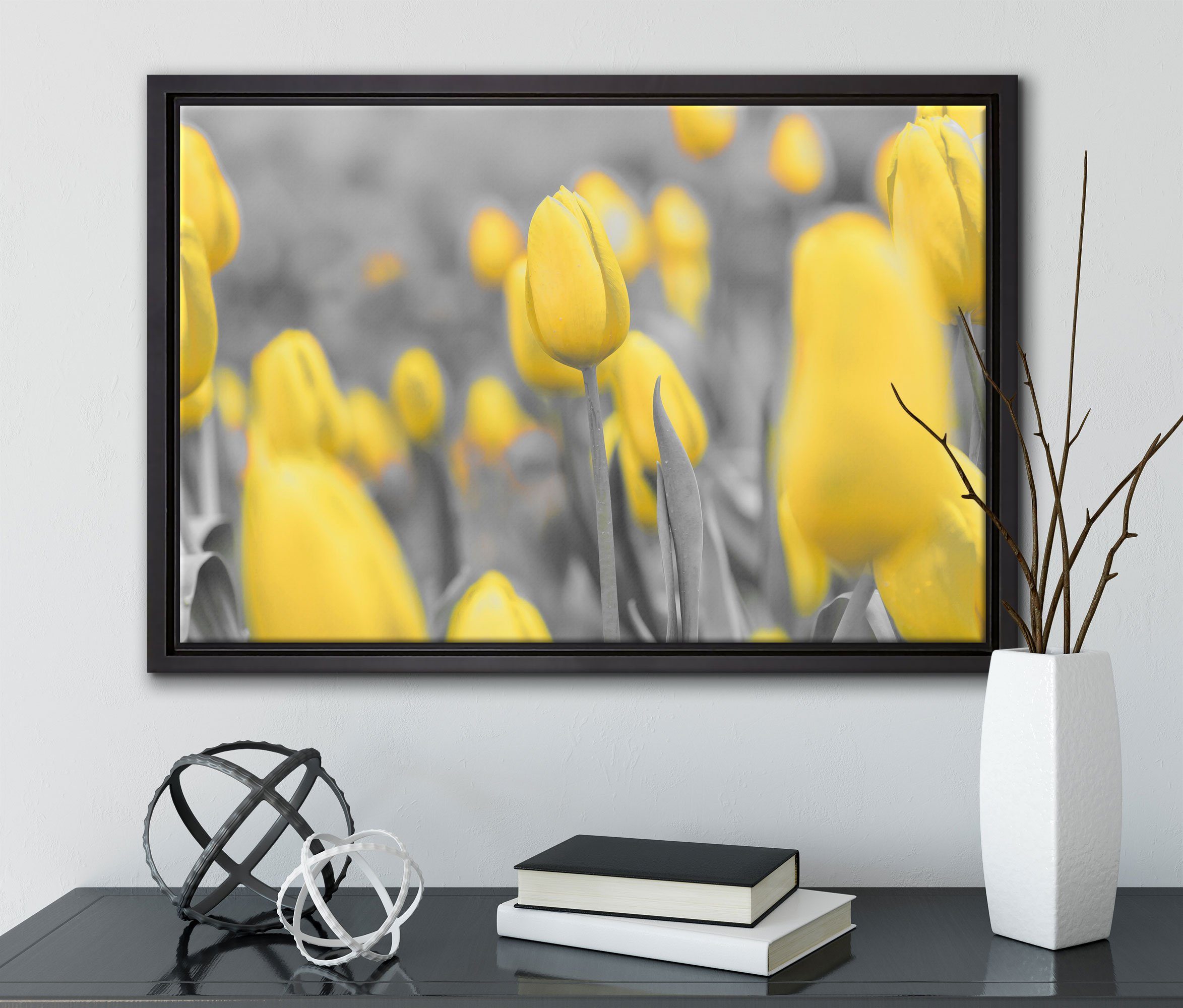 Leinwandbild gefasst, Tulpenmeer, Gelbes in Schattenfugen-Bilderrahmen (1 St), inkl. Leinwandbild Wanddekoration bespannt, einem Zackenaufhänger Pixxprint fertig