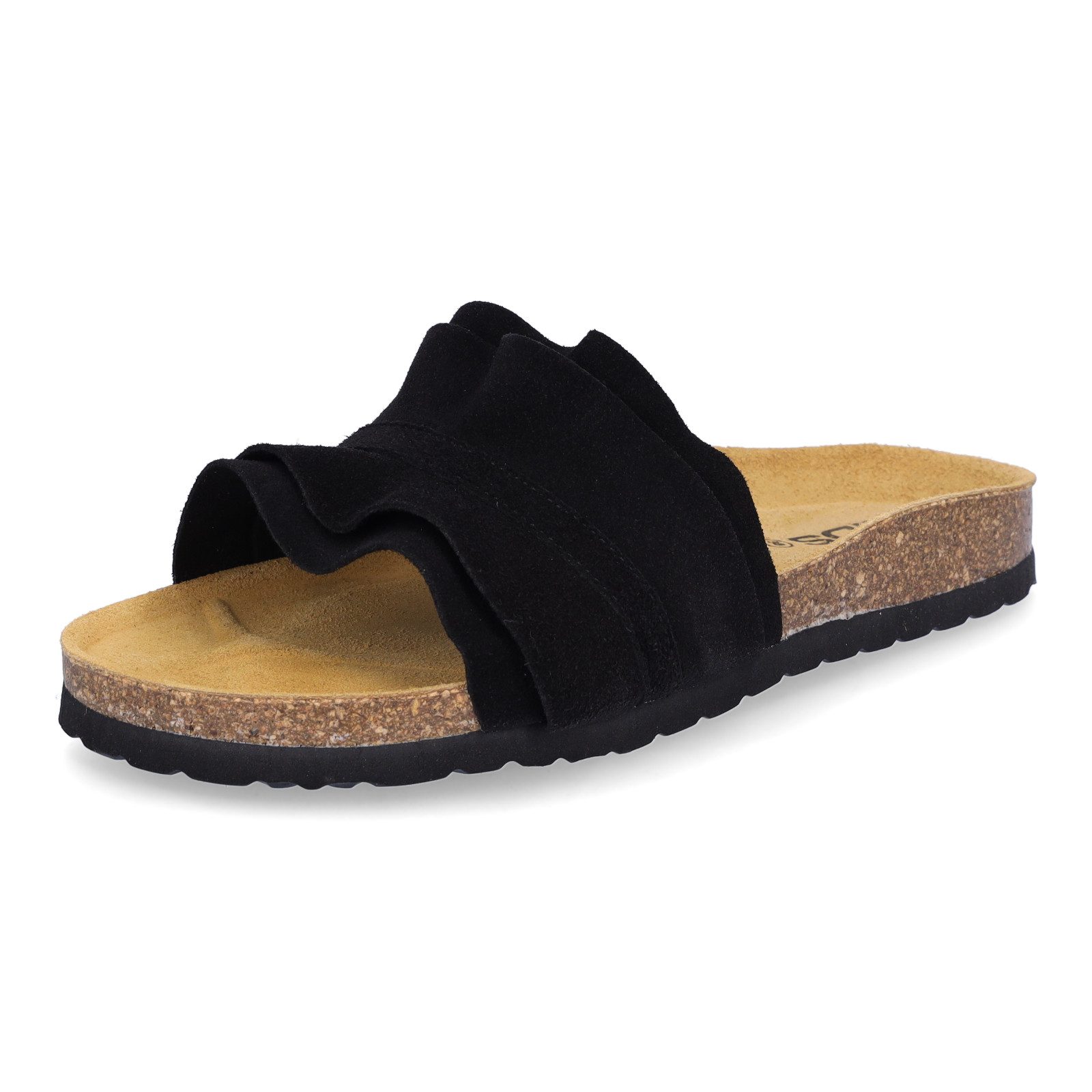 MIDS MIRABEL Damen Pantolette schwarz aus Velourleder mit Rüschenriemen, Lederfußbett & Korksohle