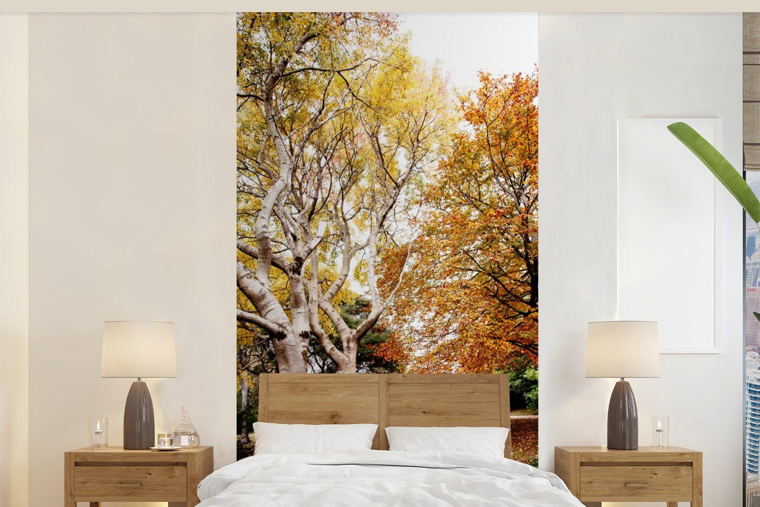 MuchoWow Fototapete Herbst - Bäume - Laub - Natur, Matt, bedruckt, (2 St), Vliestapete für Wohnzimmer Schlafzimmer Küche, Fototapete