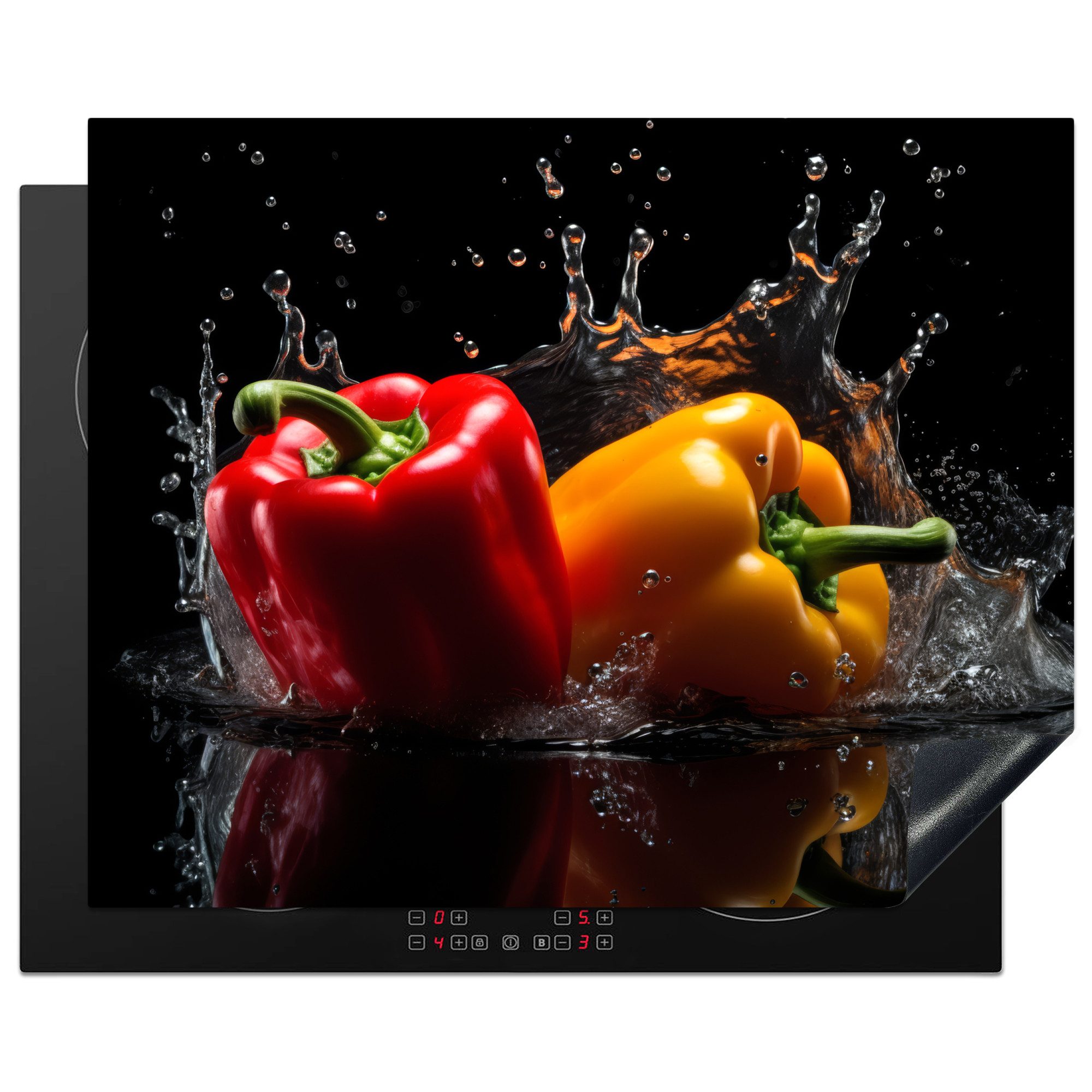 MuchoWow Herd-Abdeckplatte Paprika - Wasser - Schwarz - Gemüse - Rot - Gelb, Vinyl, (1 tlg), Herdabdeckplatten für Ceranfeld, Induktionsschutz, 65x55 cm