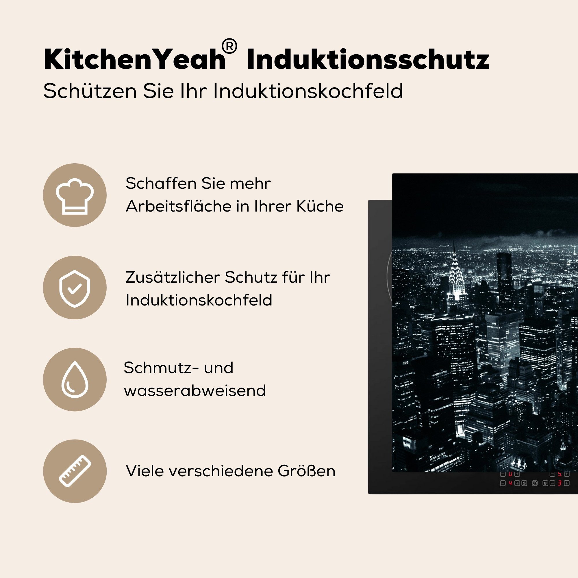 Induktionskochfeld küche, New tlg), Vinyl, für 81x52 (1 MuchoWow Skyline - - York Nacht, die cm, Herdblende-/Abdeckplatte Schutz Ceranfeldabdeckung