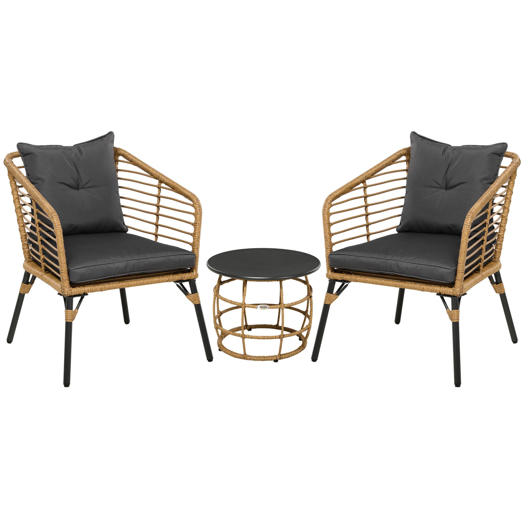 REDOM Sitzgruppe 3-tlg. Rattan Gartenmöbel-Set mit Couchtisch und 2 Stühlen, (Set, 3-tlg., Sitzgruppe für Balkon oder Terrasse, inklusive Kissen), Bistro-Set in Sand und Dunkelgrau, wetterfestes Material
