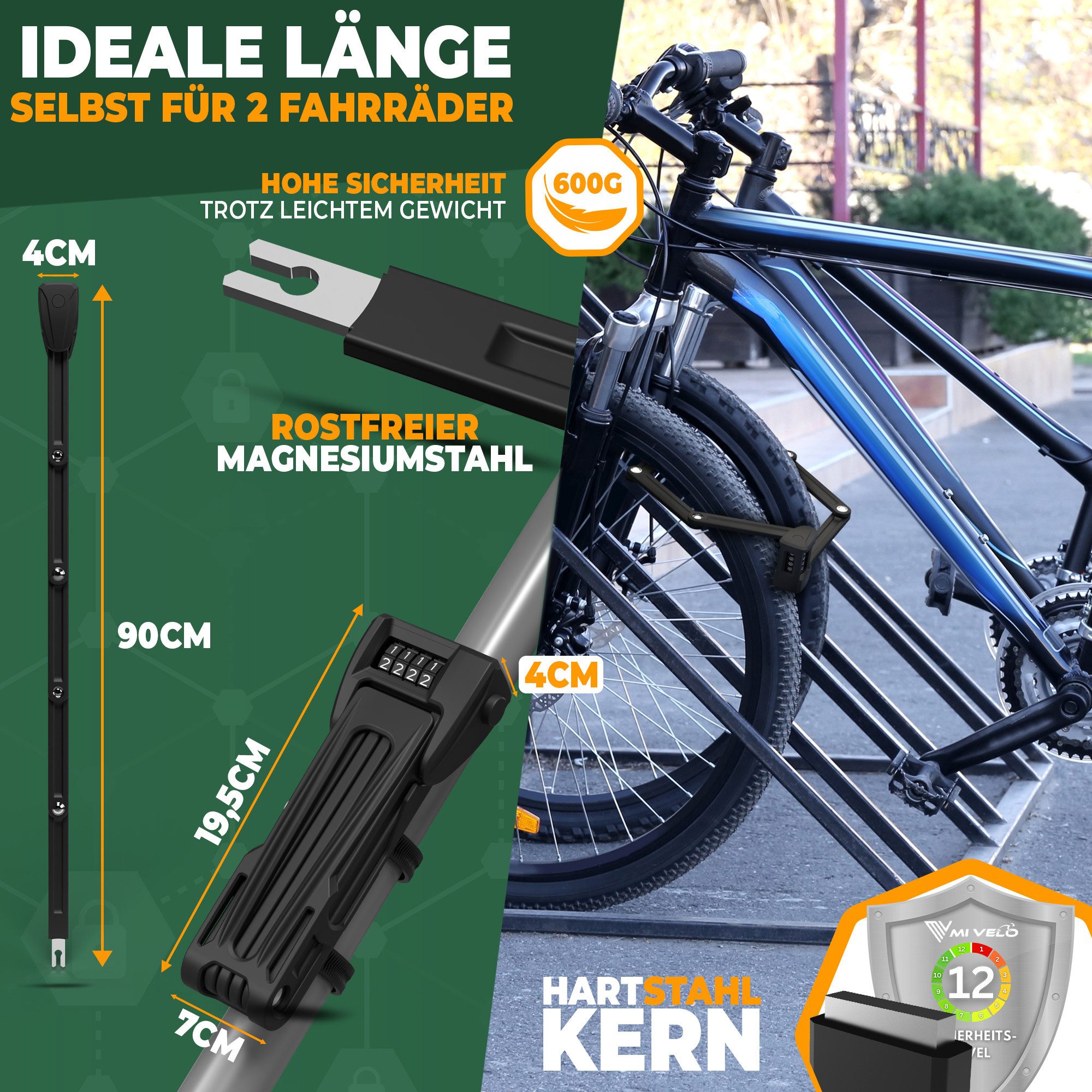 MIVELO Faltschloss Fahrradschloss mit Fach für AirTag Fahrrad Schloss Zahlenkombination, AirTag kompatibel