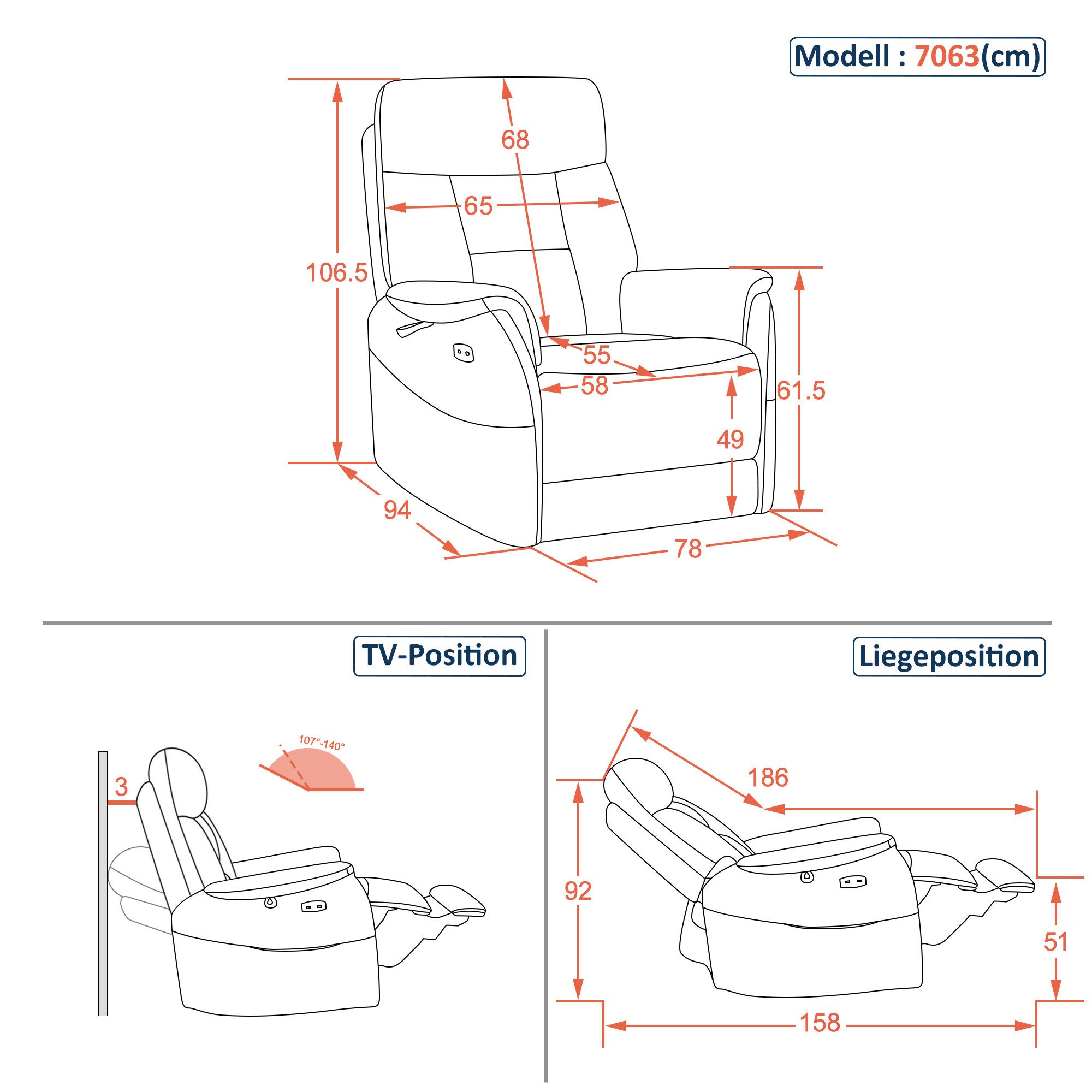 MCombo Sessel M MCombo Elektrisch Relaxsessel Massagesessel Fernsehsessel 7063, mit Relaxfunktion
