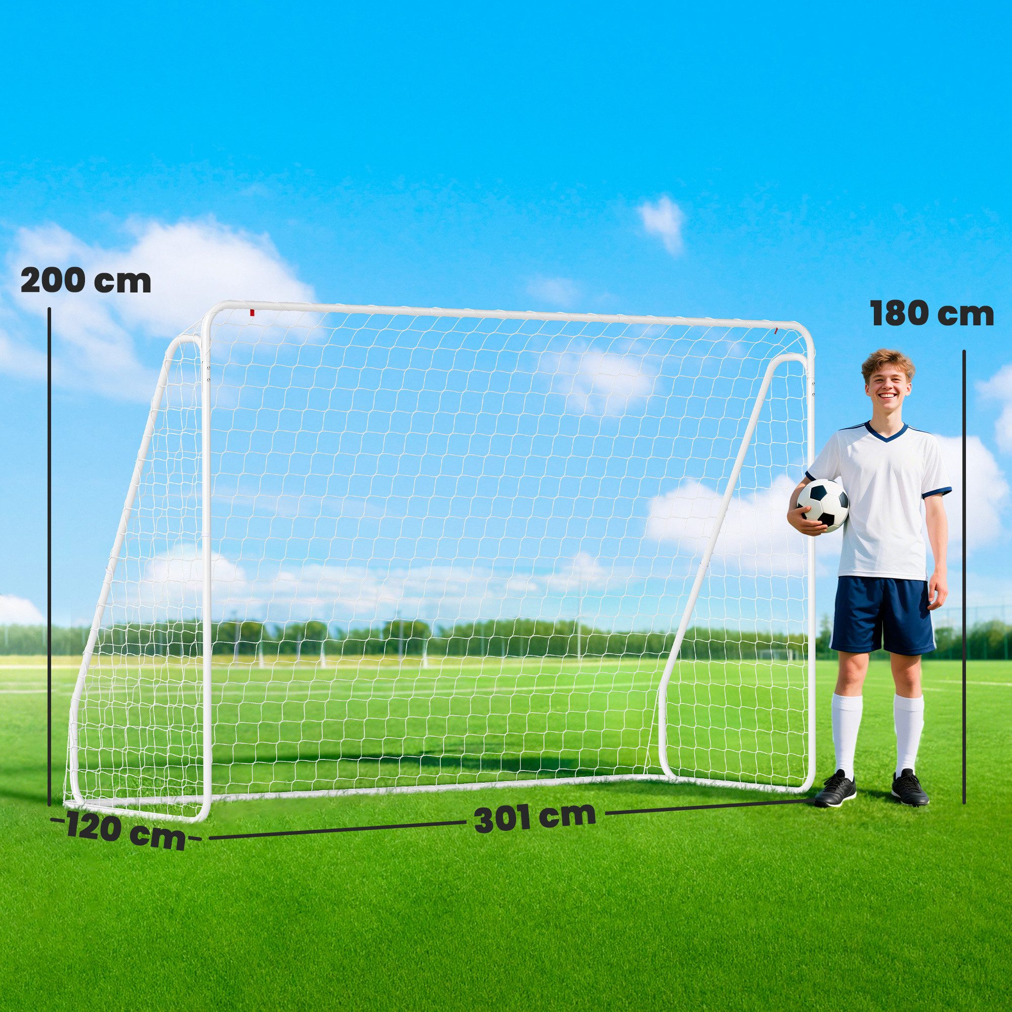HOMCOM Fußballtor mit Netz, Erdhaken (Outdoor Torwand, 1 St., Fußball Tor für Garten), 301L x 120B x 200H cm, Weiß