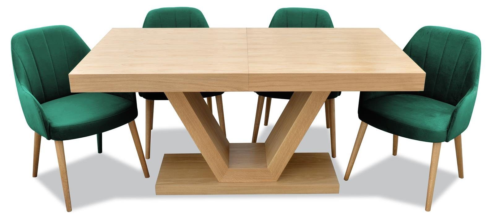Beautysofa Sitzgruppe KLARA, (Eichenfurnier + Lack, modernes Set mit ausziehbare Tischplatte 160 - 210 cm), mit 4x gepolsterte Stühle mit Velourstoff Flasches grün (kronos 19)