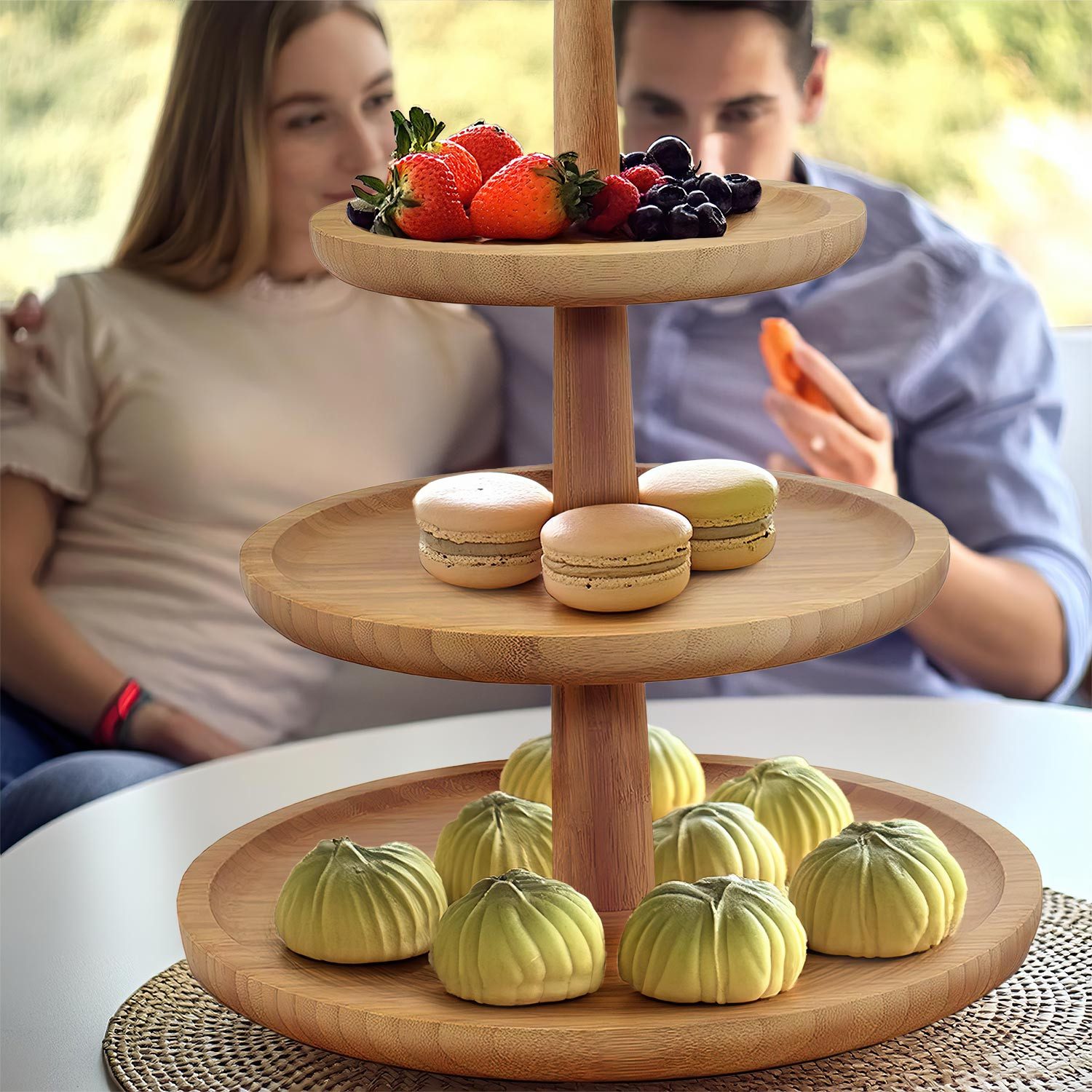 Dimono Etagere Dimono Deluxe 3-stöckige Etagere – Servierständer aus Natur-Schiefer, Bambus, (3-Etagen Servierschalen, Obst- & Gemüseschale), Servierschalen für – Bild 4 von 5