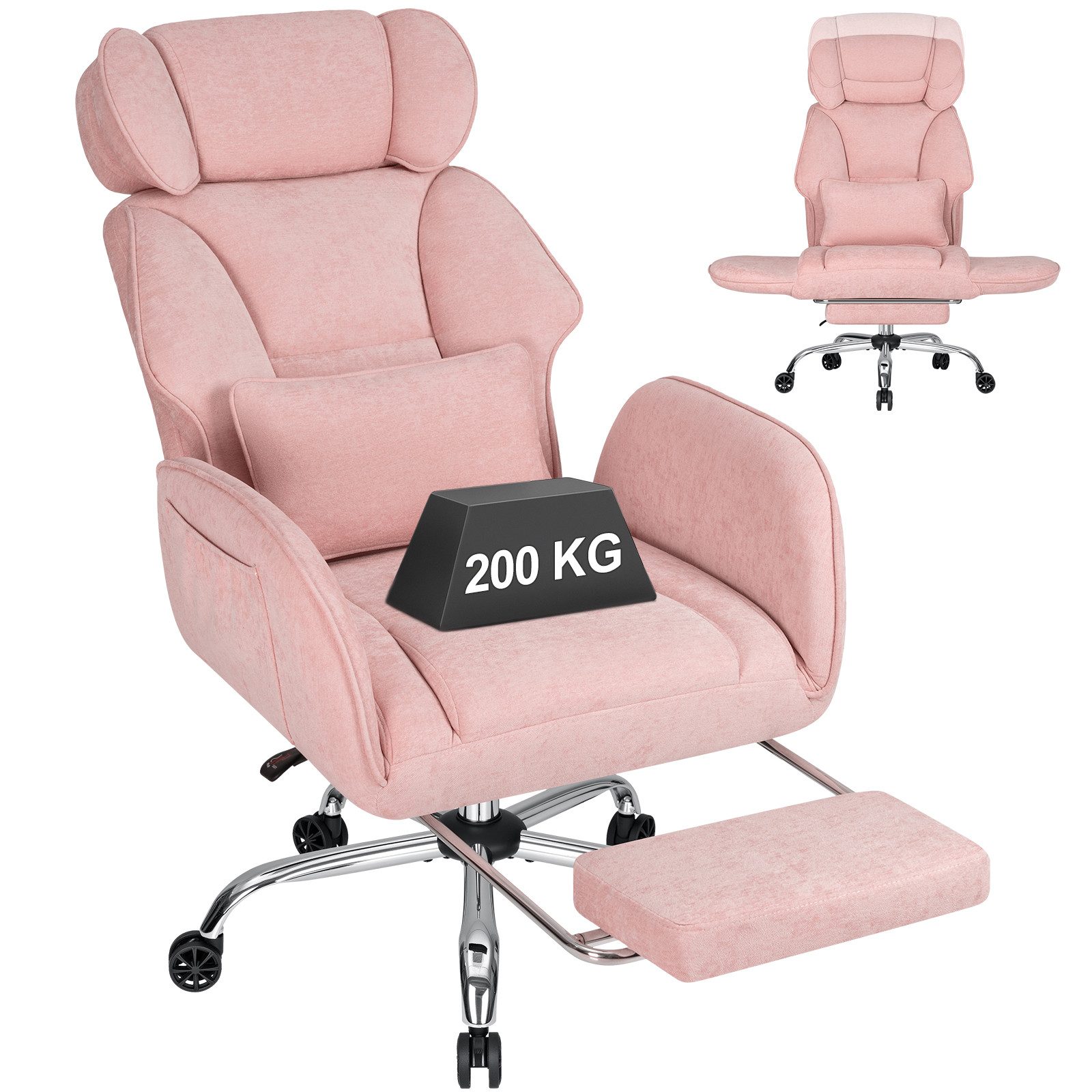 Hoffree Chefsessel Ergonomischer Bürostuhl Schreibtischstuhl Gaming Stuhl 200kg Belastbar (Breiter Sitz, 6cm höhenverstellbare Kopfstütze, 135° neigbar), Drehstuhl mit klappbarer Armlehnen,Fußstütze, extra dickes Sitzpolster